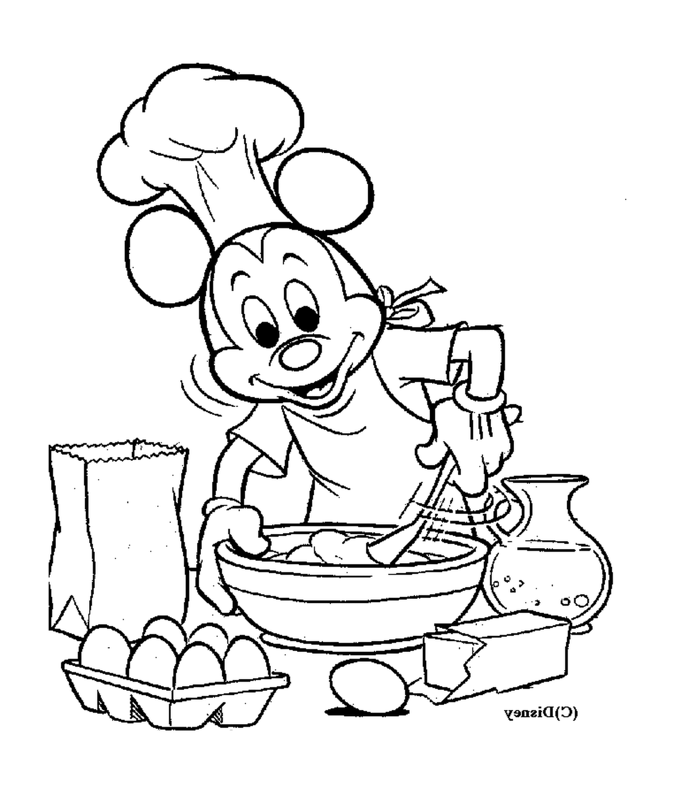   Mickey cuisine : chef Mickey Mouse mélangeant des œufs 