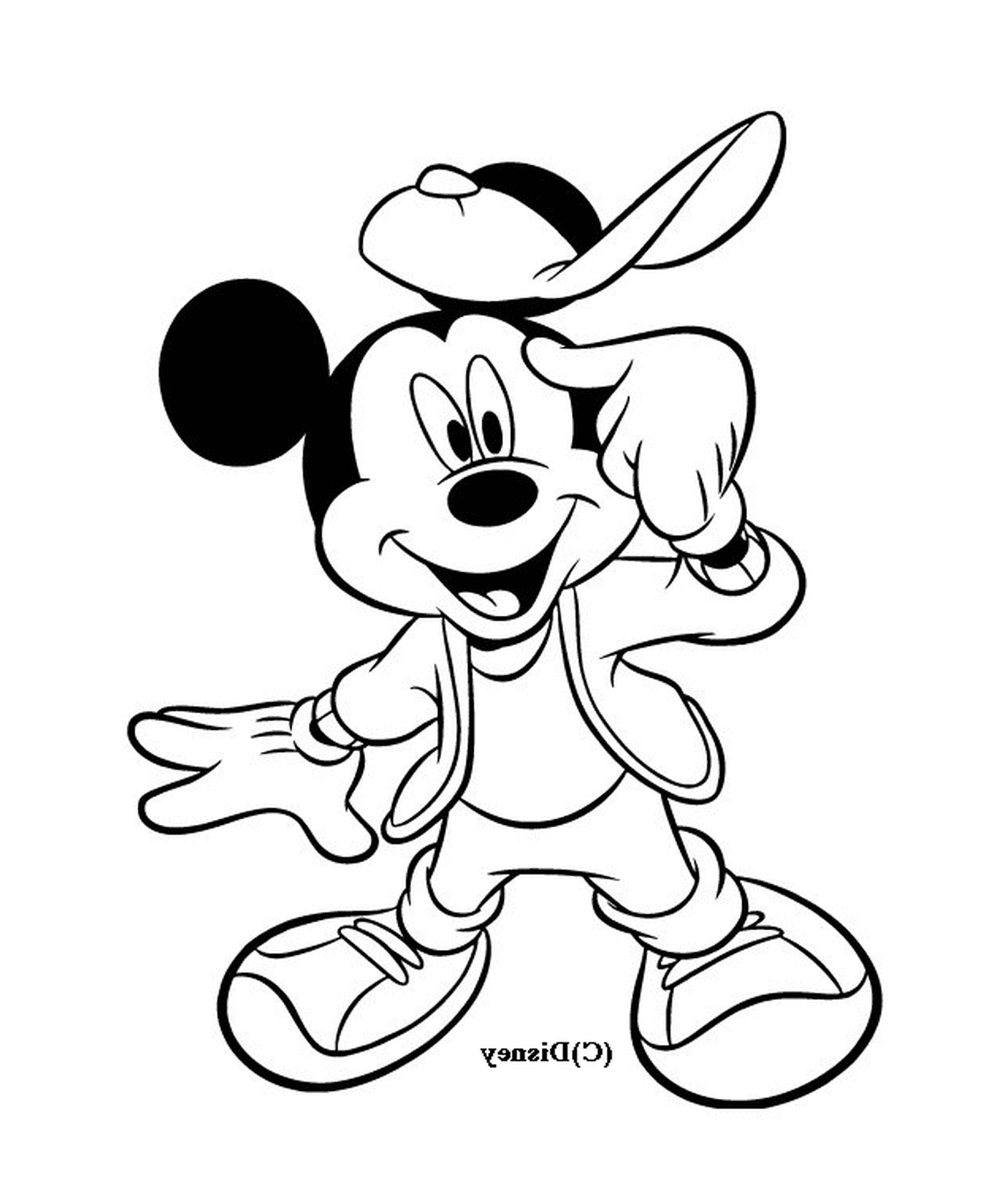   Mickey est cool : portant une casquette de baseball et une veste 