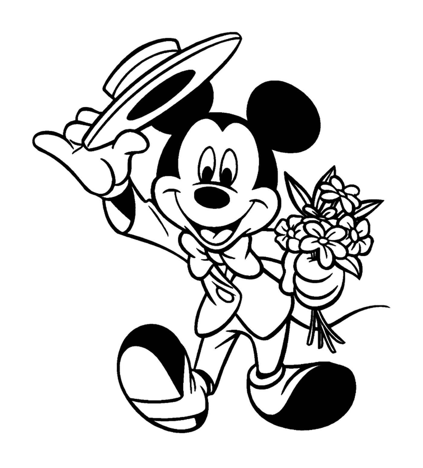   Mickey va à un rendez-vous galant : tenant un bouquet 