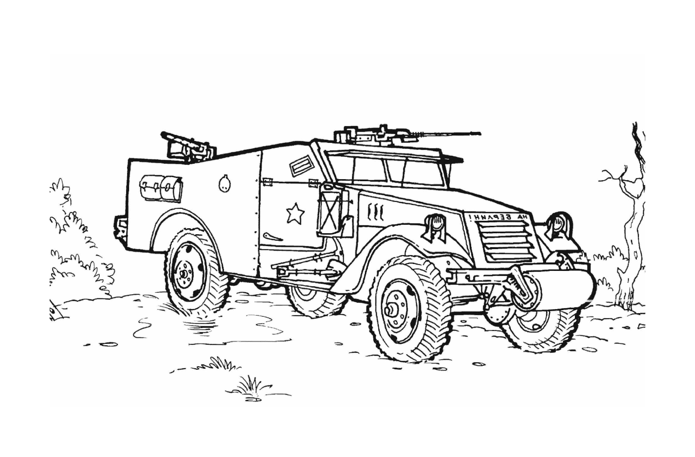   Véhicule militaire avec armes : un vieux véhicule militaire dessiné 