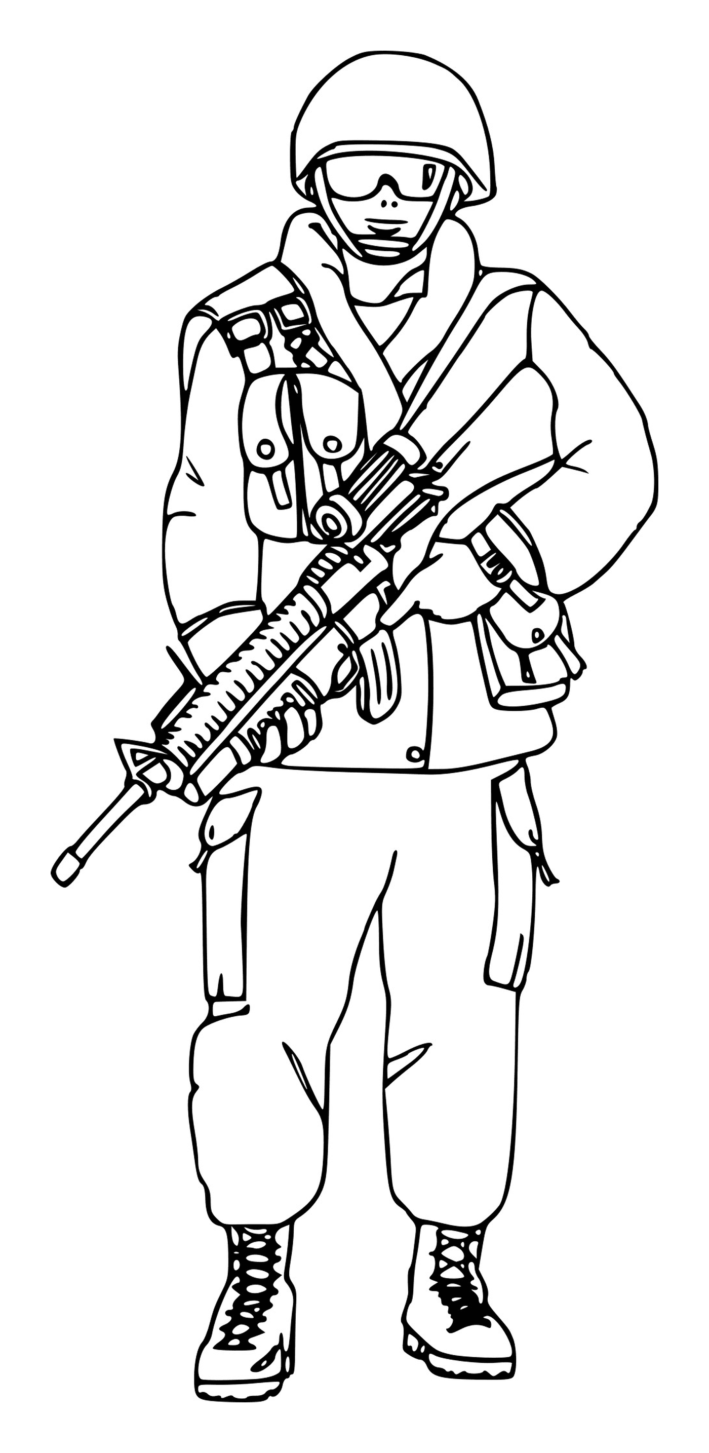   Soldat militaire avec lunettes : un soldat tenant un fusil 