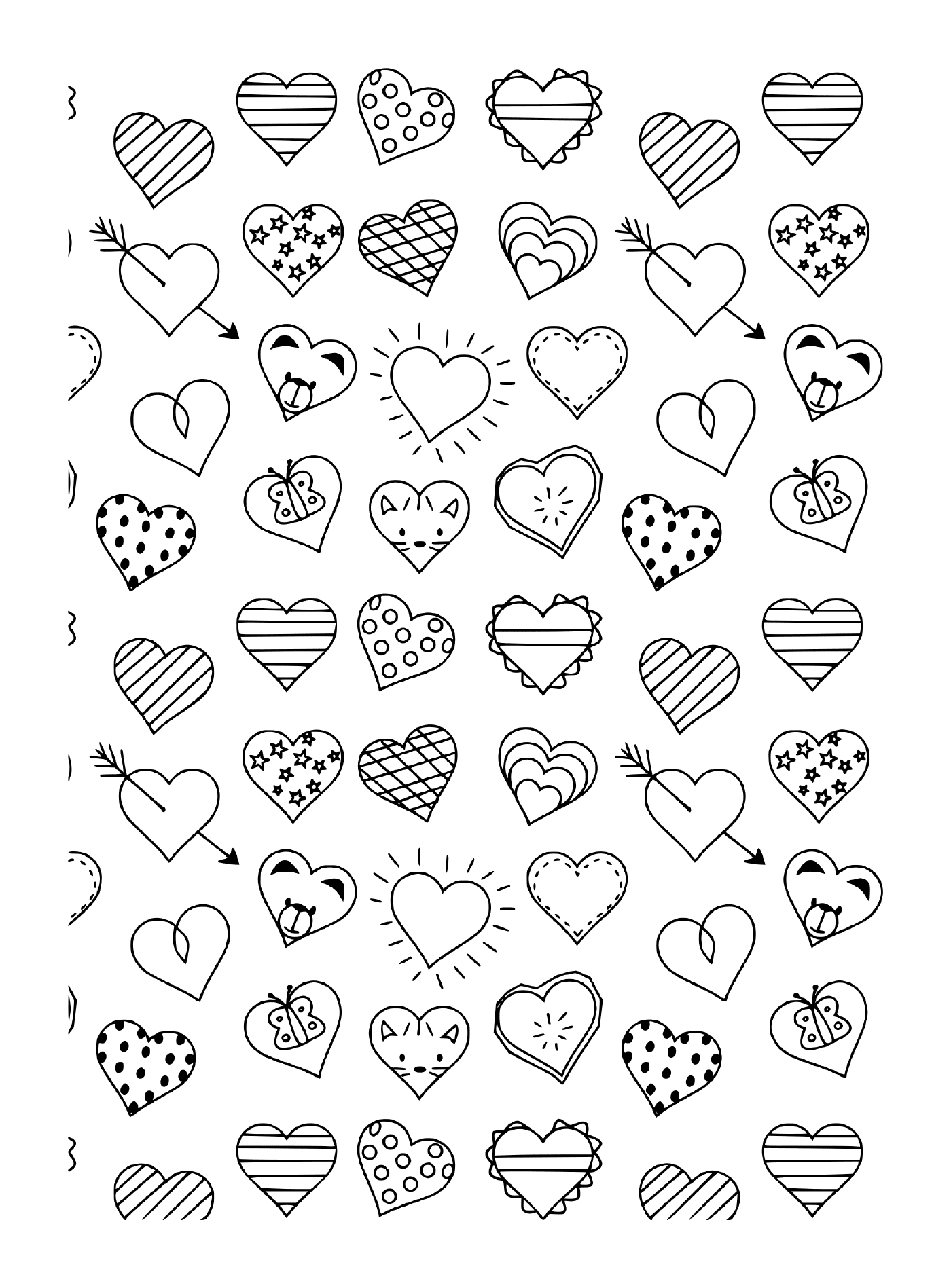   Un motif noir et blanc de différents cœurs et flèches 