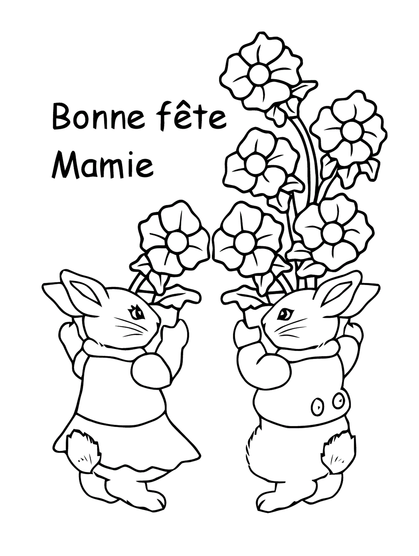   Deux lapins tenant un bouquet de fleurs 