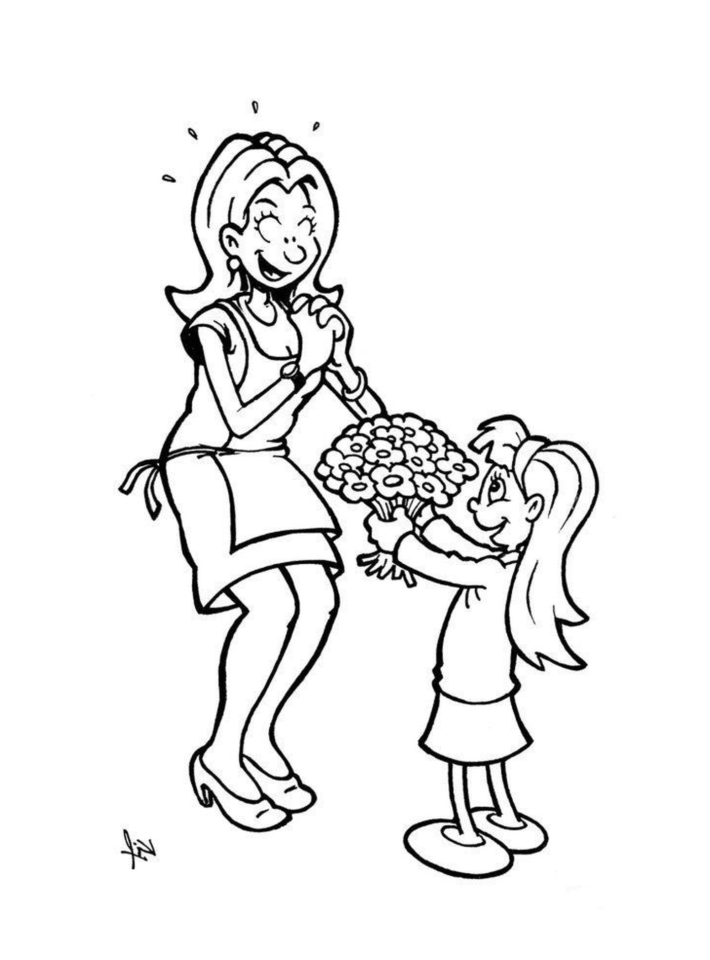   Un adulte et une jeune fille tenant des fleurs 