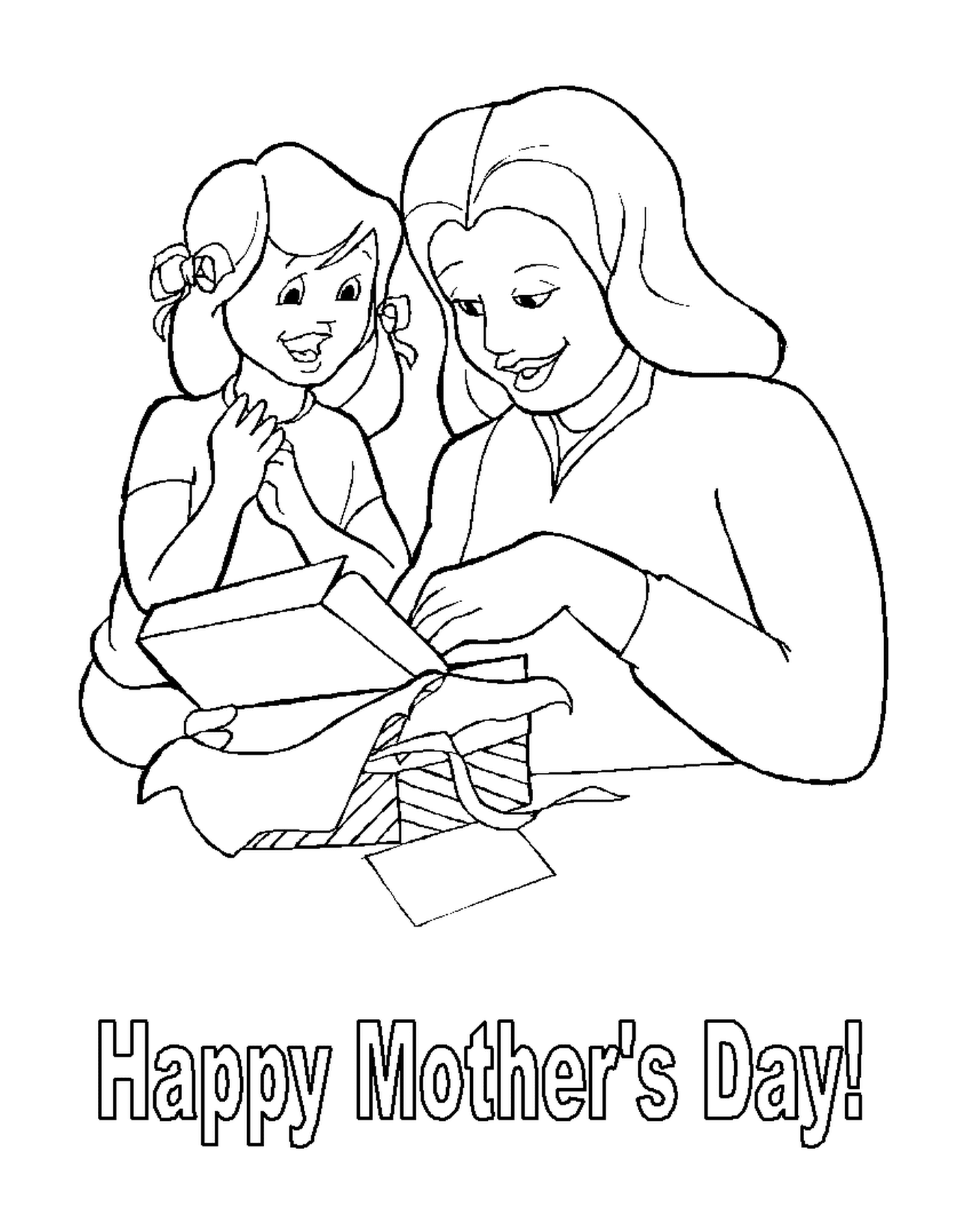   Une mère et sa fille ouvrant une boîte cadeau 