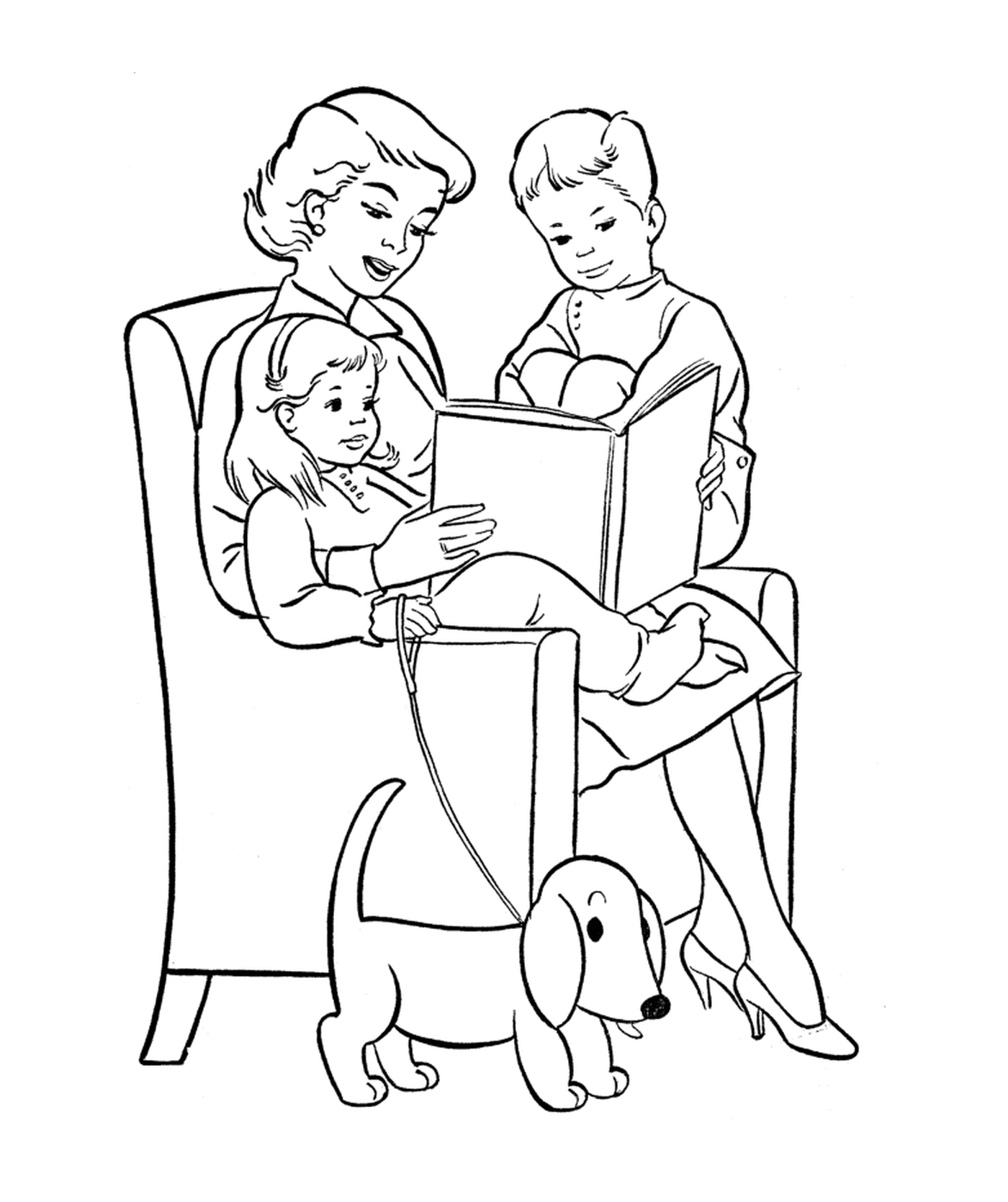   Une femme lisant un livre à deux enfants 