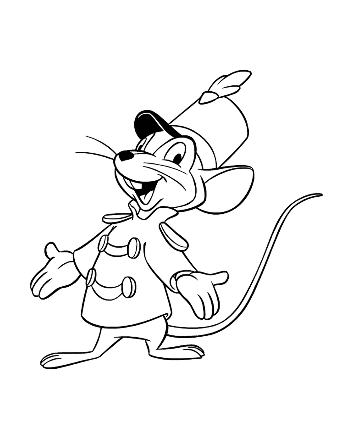   Une souris vêtue d'un manteau et d'un chapeau 
