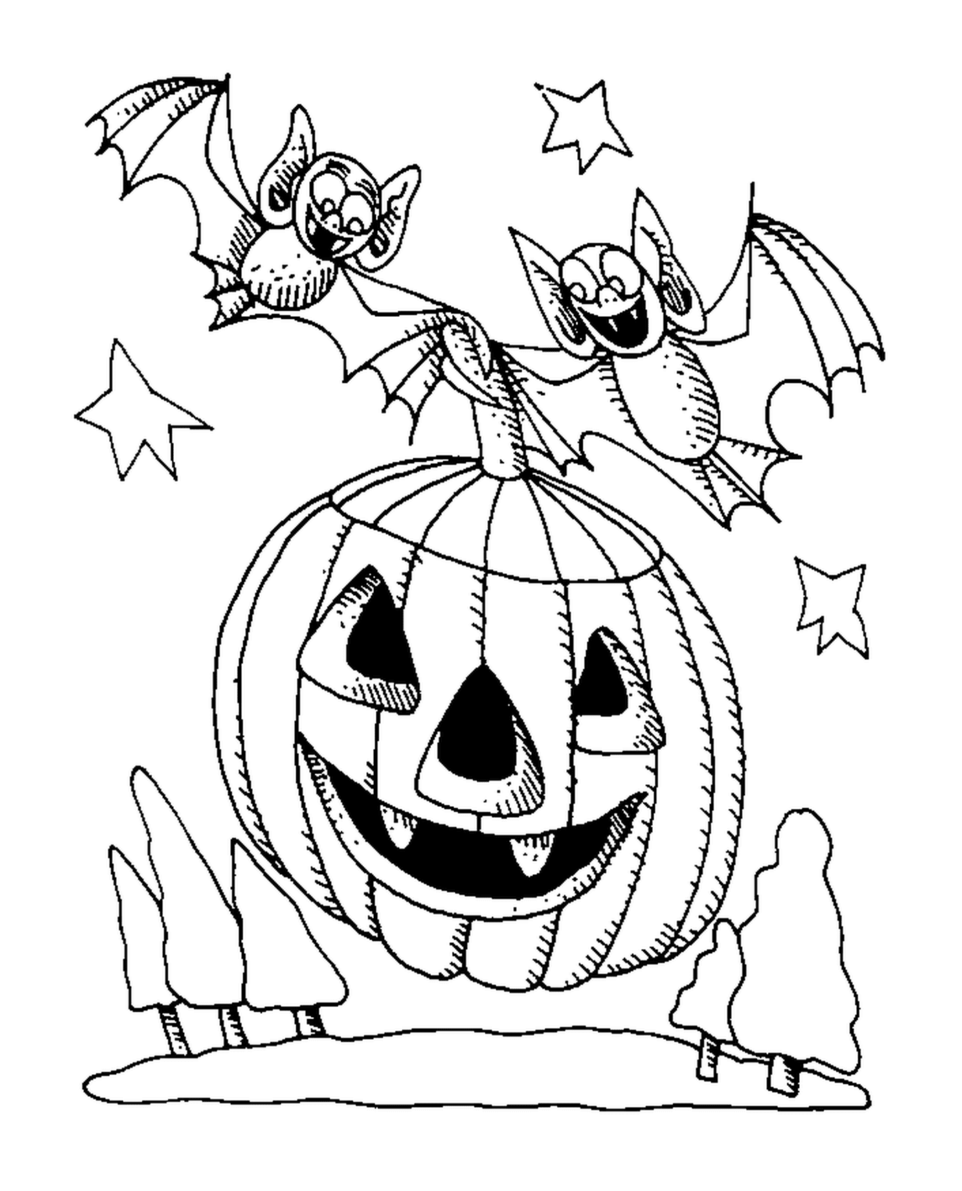   Une citrouille d'Halloween avec deux chauves-souris 