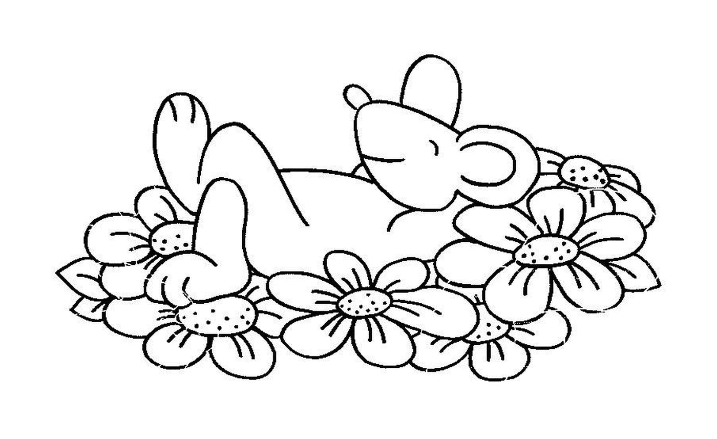   Une souris allongée sur des fleurs 