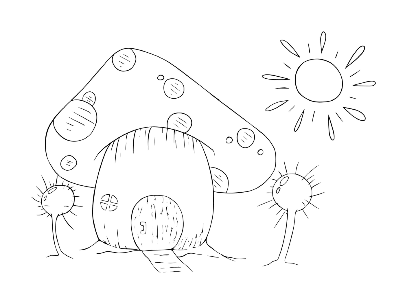  Une maison de champignon avec soleil et arbres 