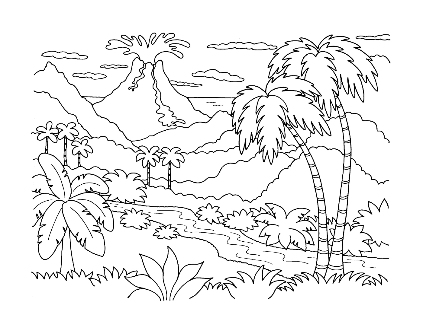   Un paysage tropical avec un volcan en éruption 