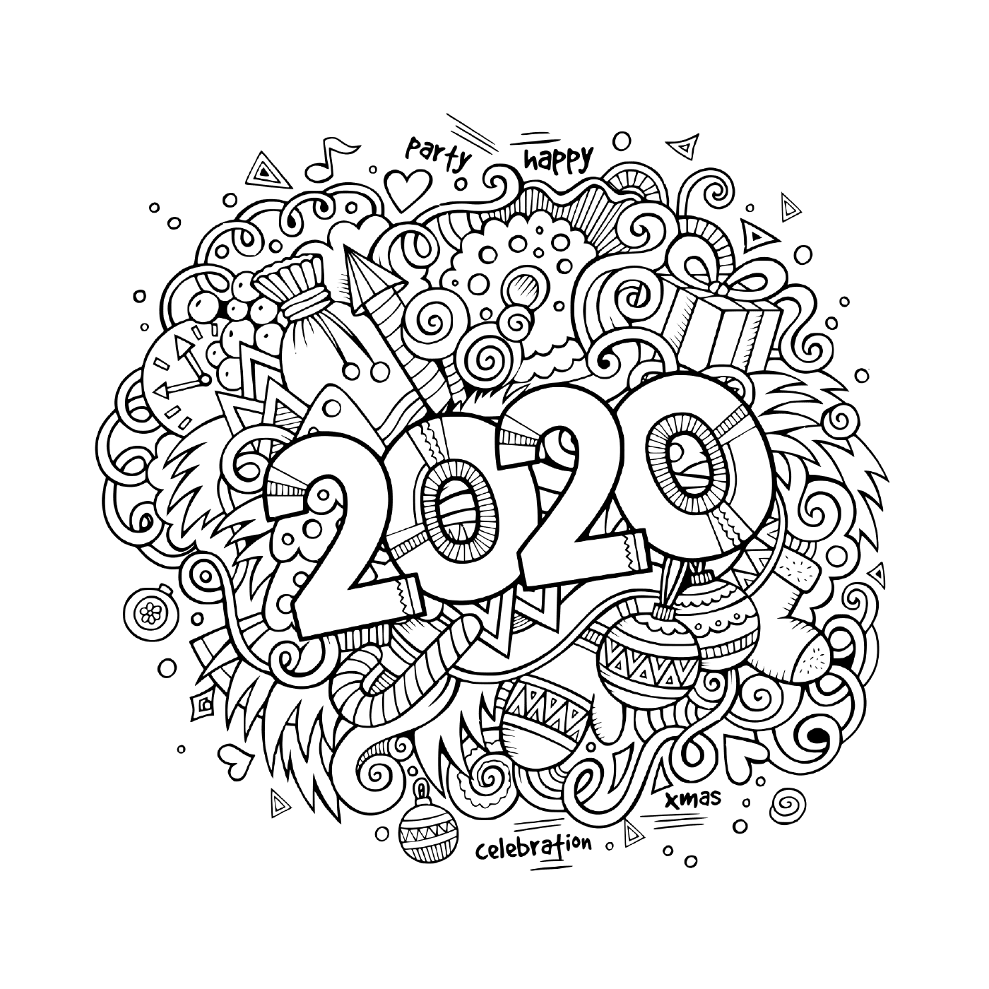   Affiche de doodles, objets et éléments pour le nouvel an 2020 