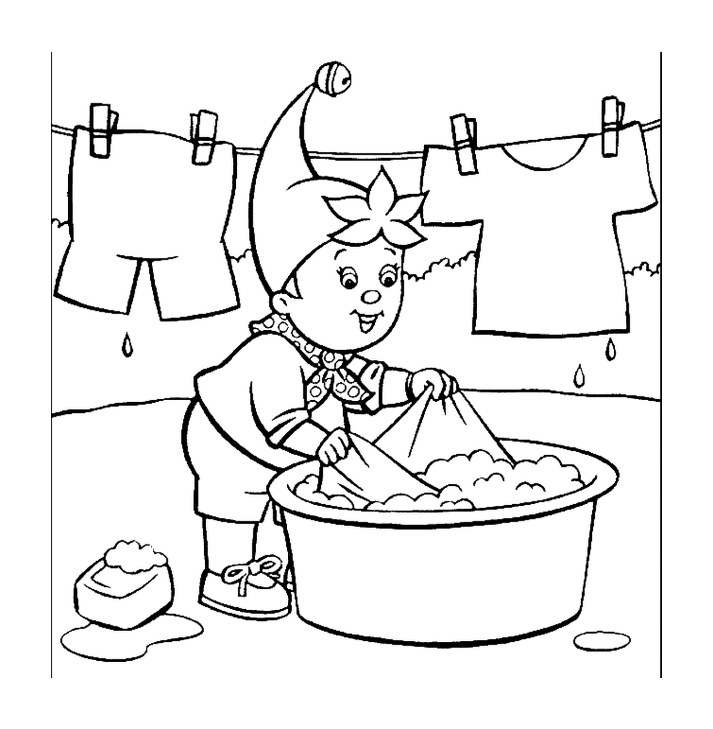   Oui Oui lave son linge, gnome travailleur 