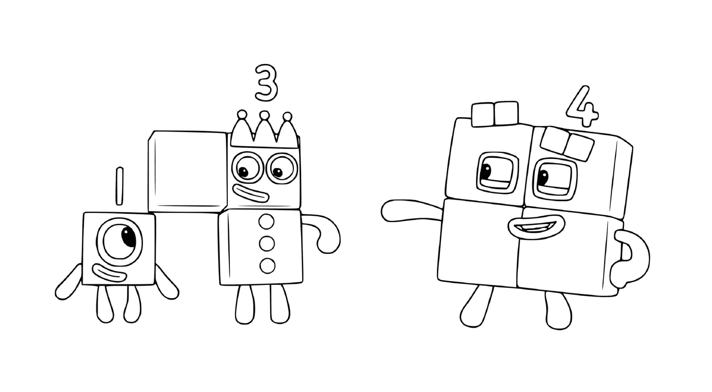  1, 2, 4 des Numberblocks, deux robots amicaux