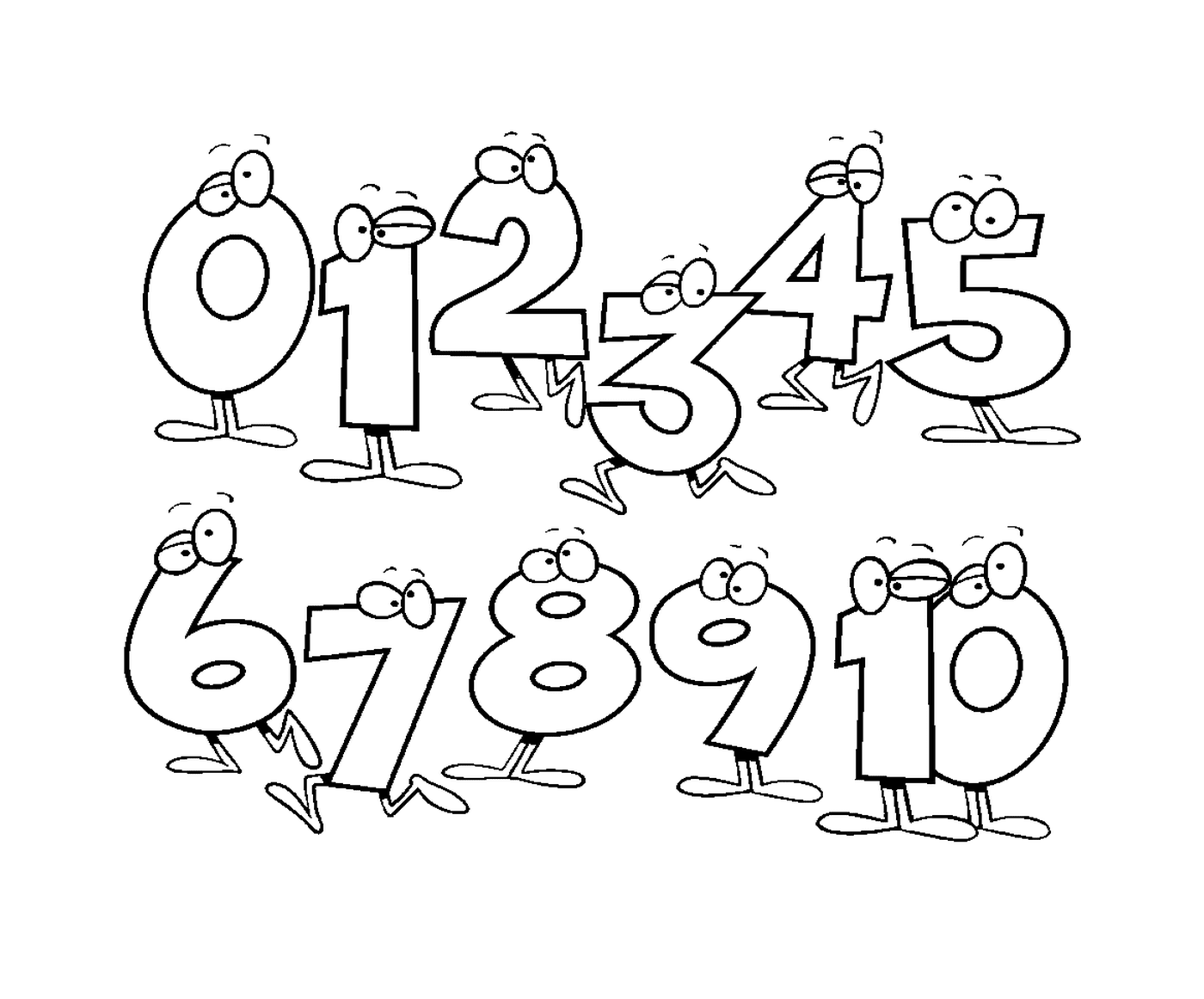   Ensemble de chiffres dessinés de façon caricaturale de zéro à dix 