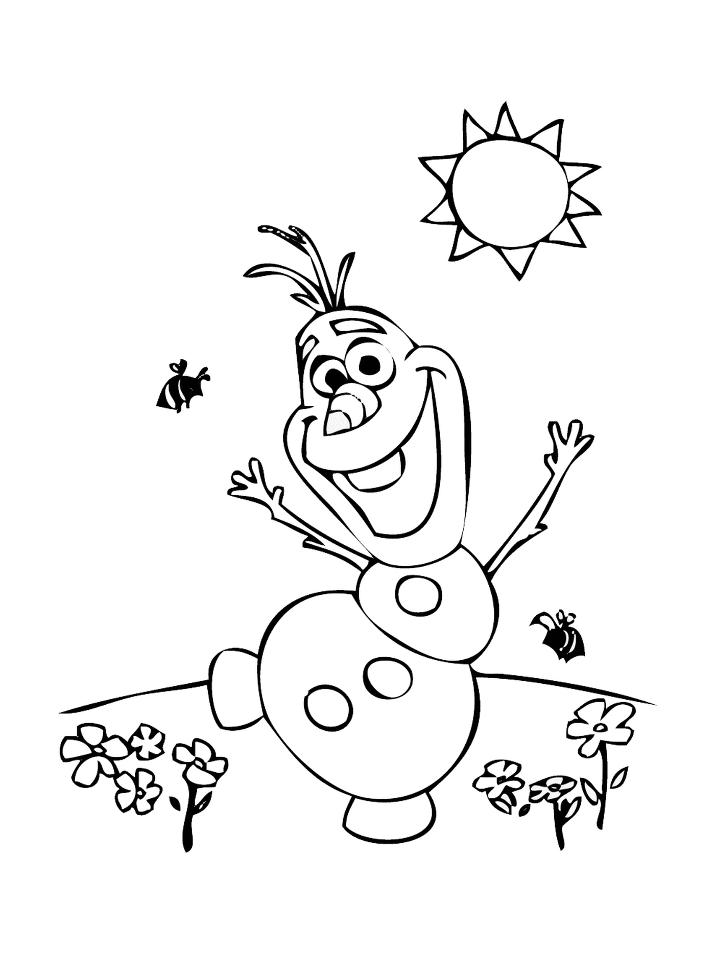   Olaf au soleil avec des fleurs et des abeilles 