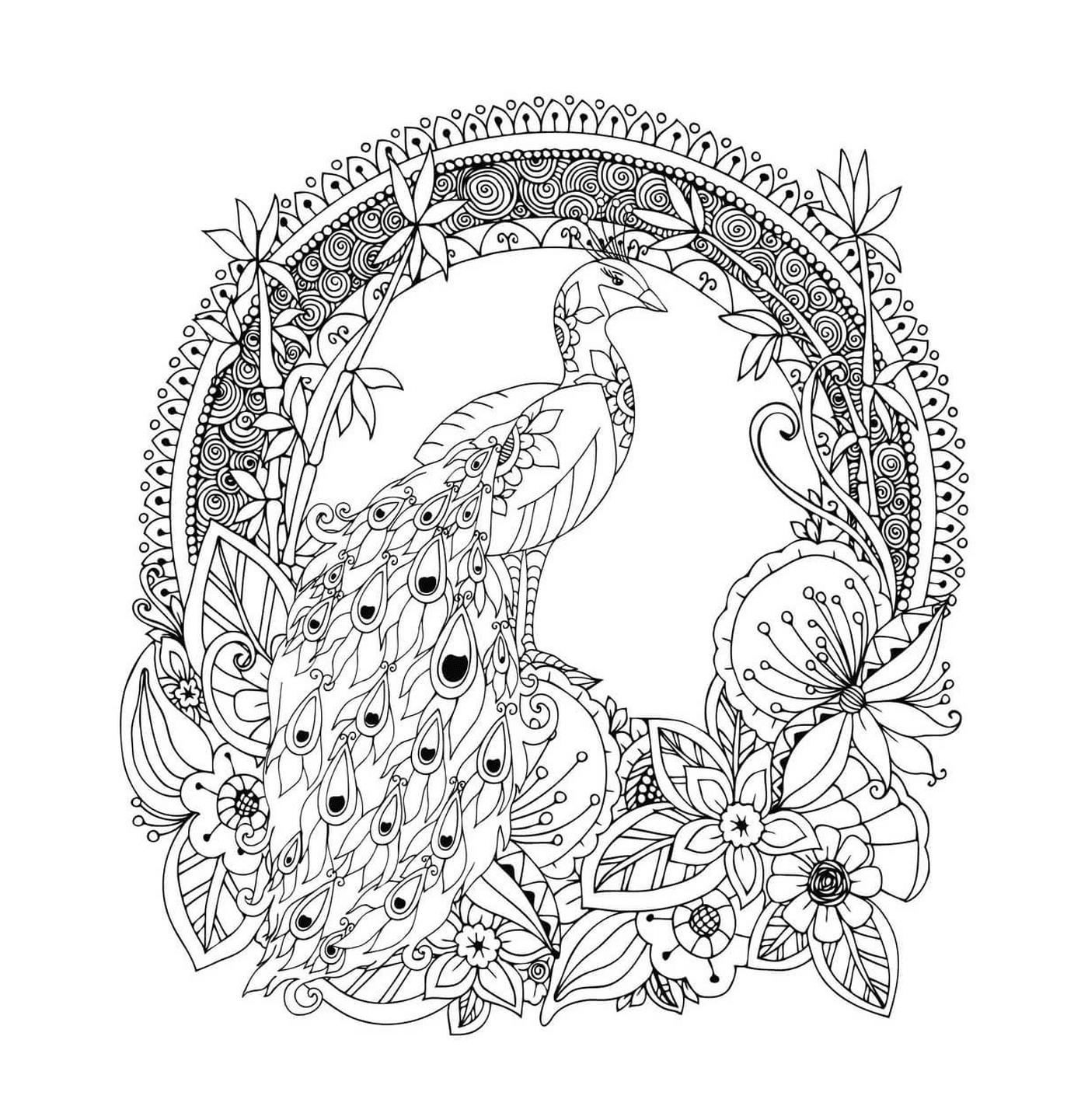   paon dans cercle fleuri 