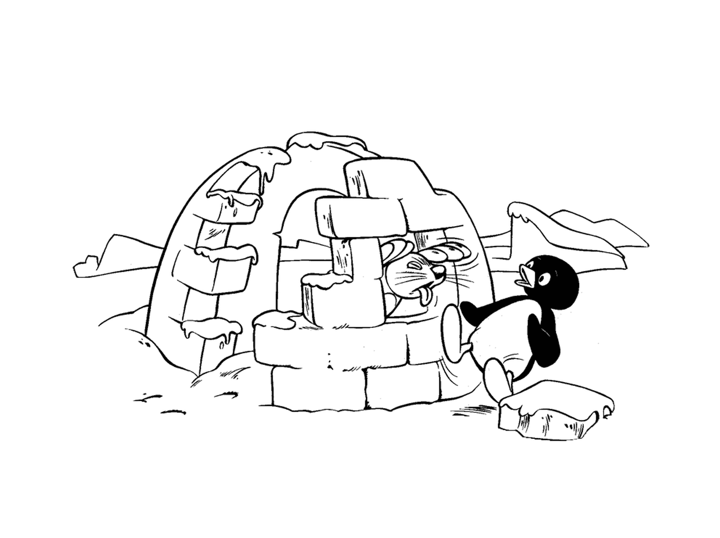   Pingu près d'un igloo avec un phoque 