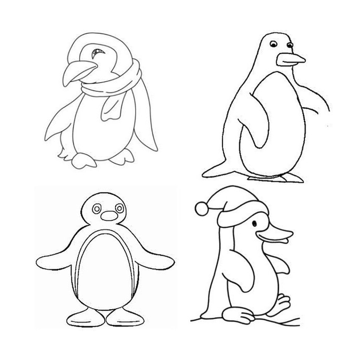   Quatre pingouins différents en dessin 