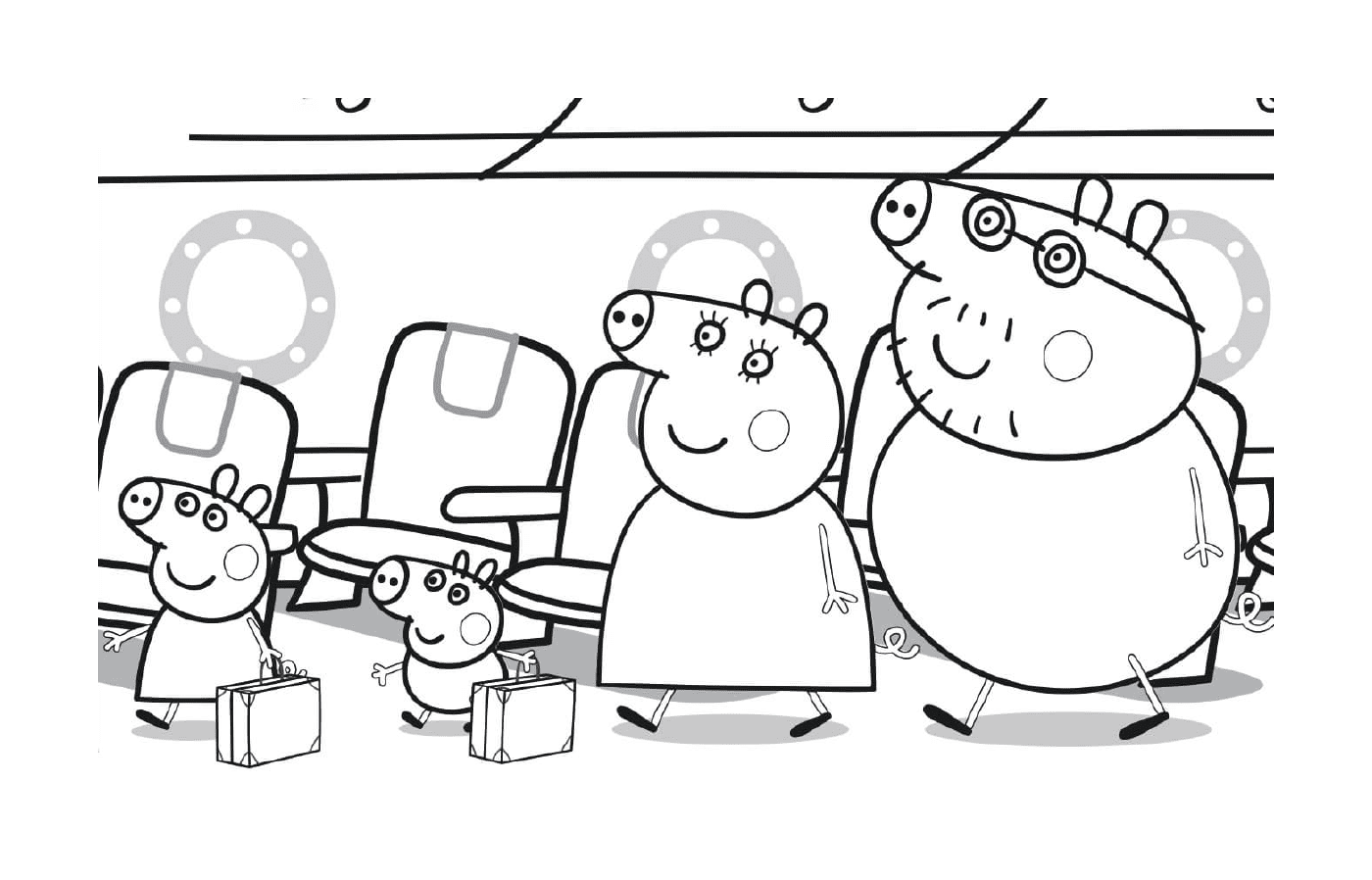   Peppa Pig et sa famille se dirigent vers leurs sièges dans l'avion 