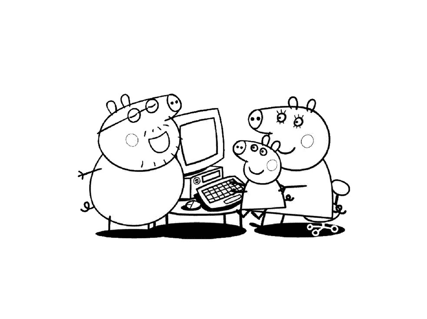   Un groupe de personnages Peppa Pig devant un ordinateur 