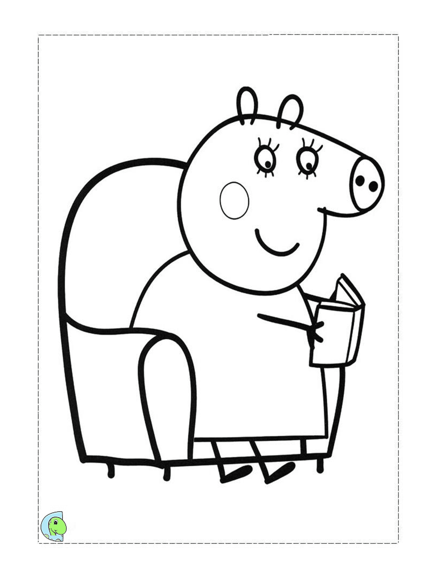   Un cochon assis sur une chaise tenant un livre 