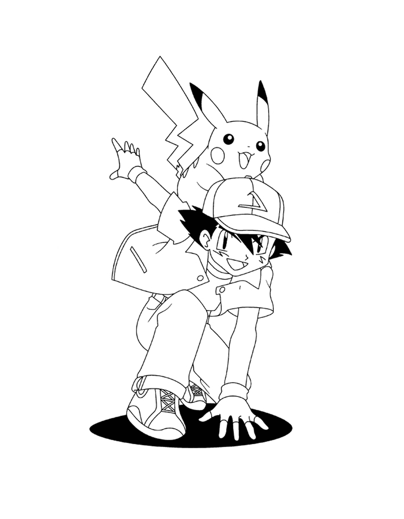   Sacha portant Pikachu sur son dos 