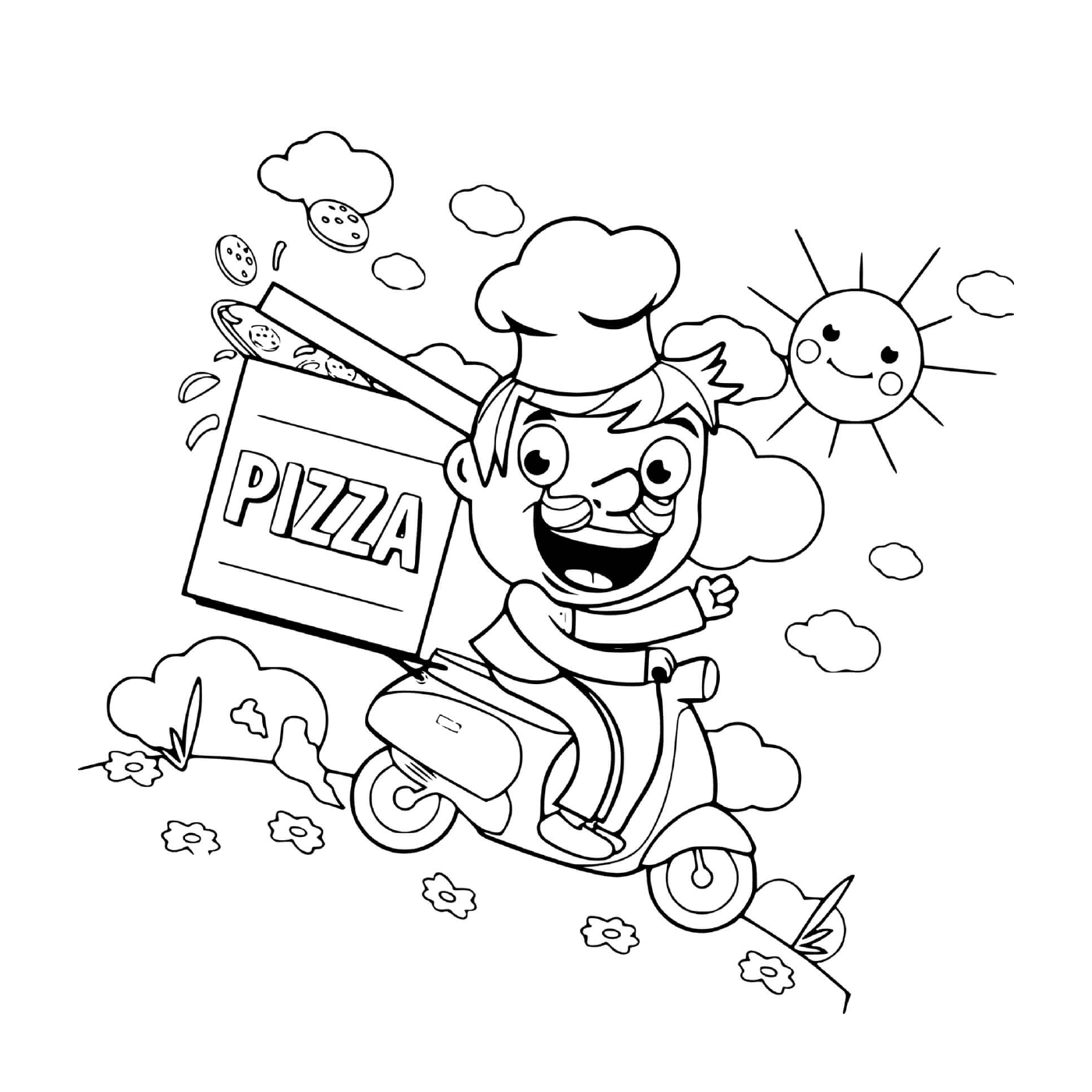   Un livreur de pizza en scooter 