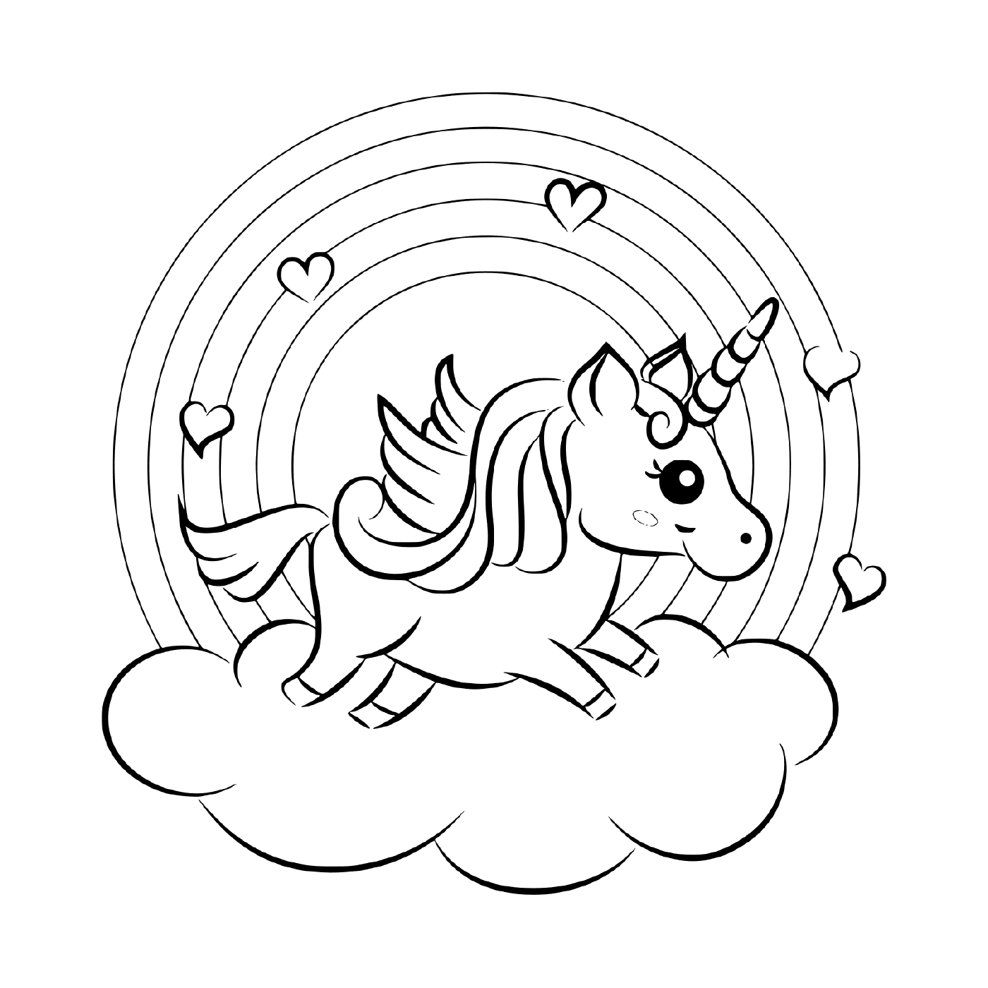   Une licorne sur un nuage au-dessus d'un arc-en-ciel 