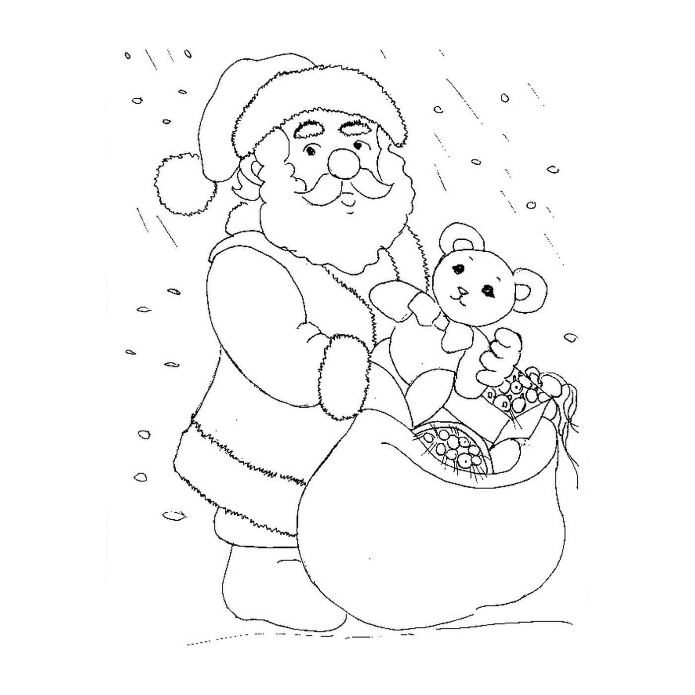   Père Noël tenant un ours en peluche 