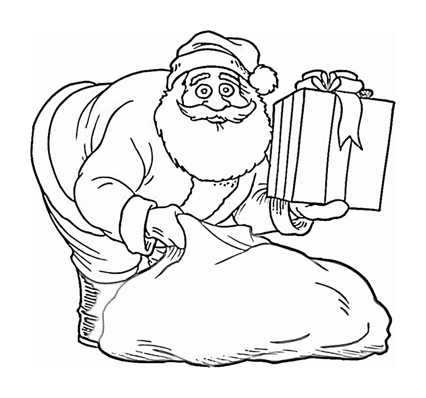   Père Noël tenant un cadeau 