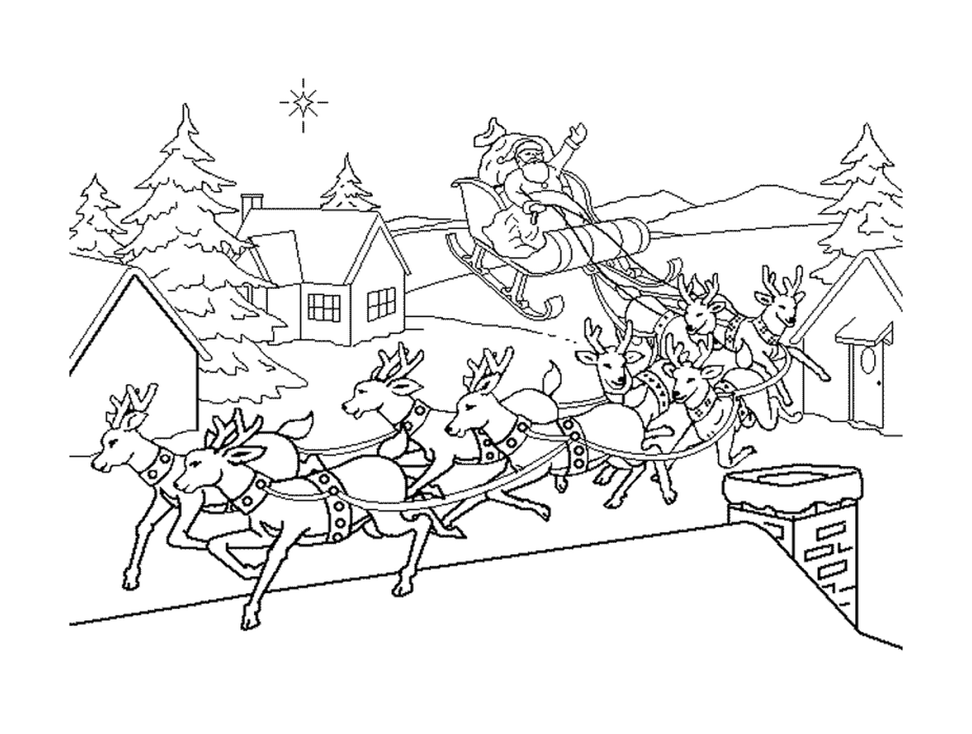   Ligne de Père Noël en traîneau dans un village 