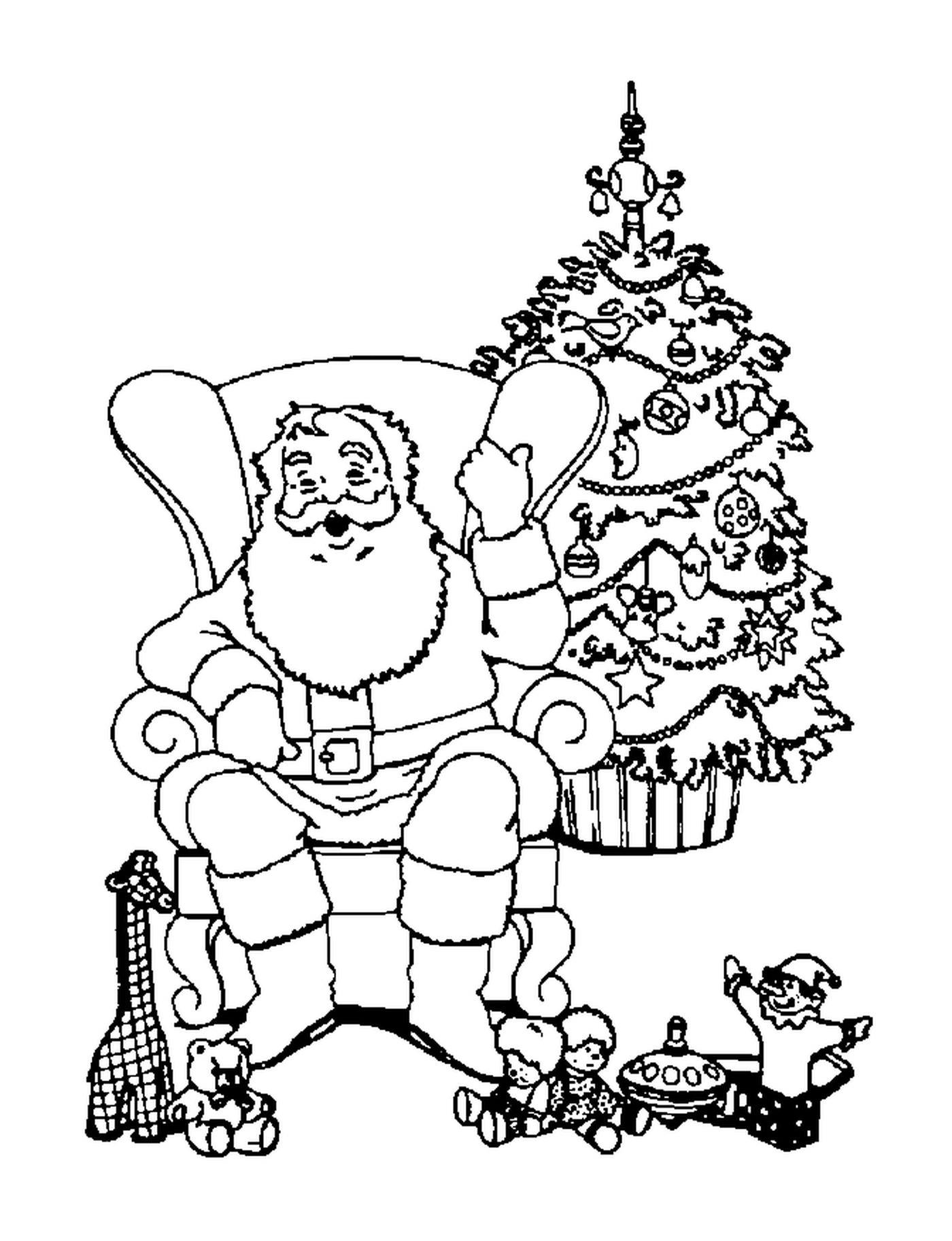   un père Noël assis dans un fauteuil près d'un sapin de Noël 