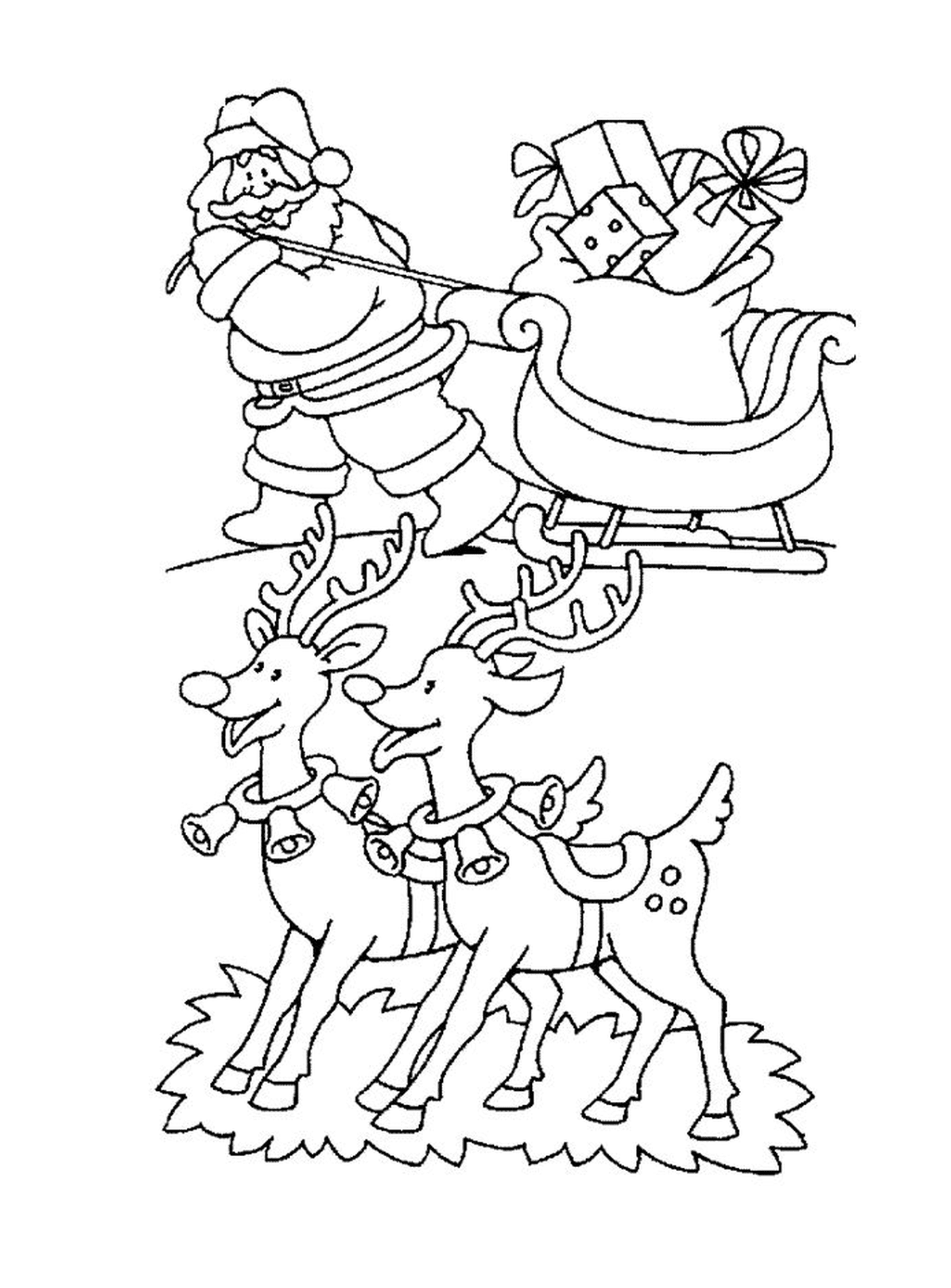   Père Noël avec un traîneau et des rennes 
