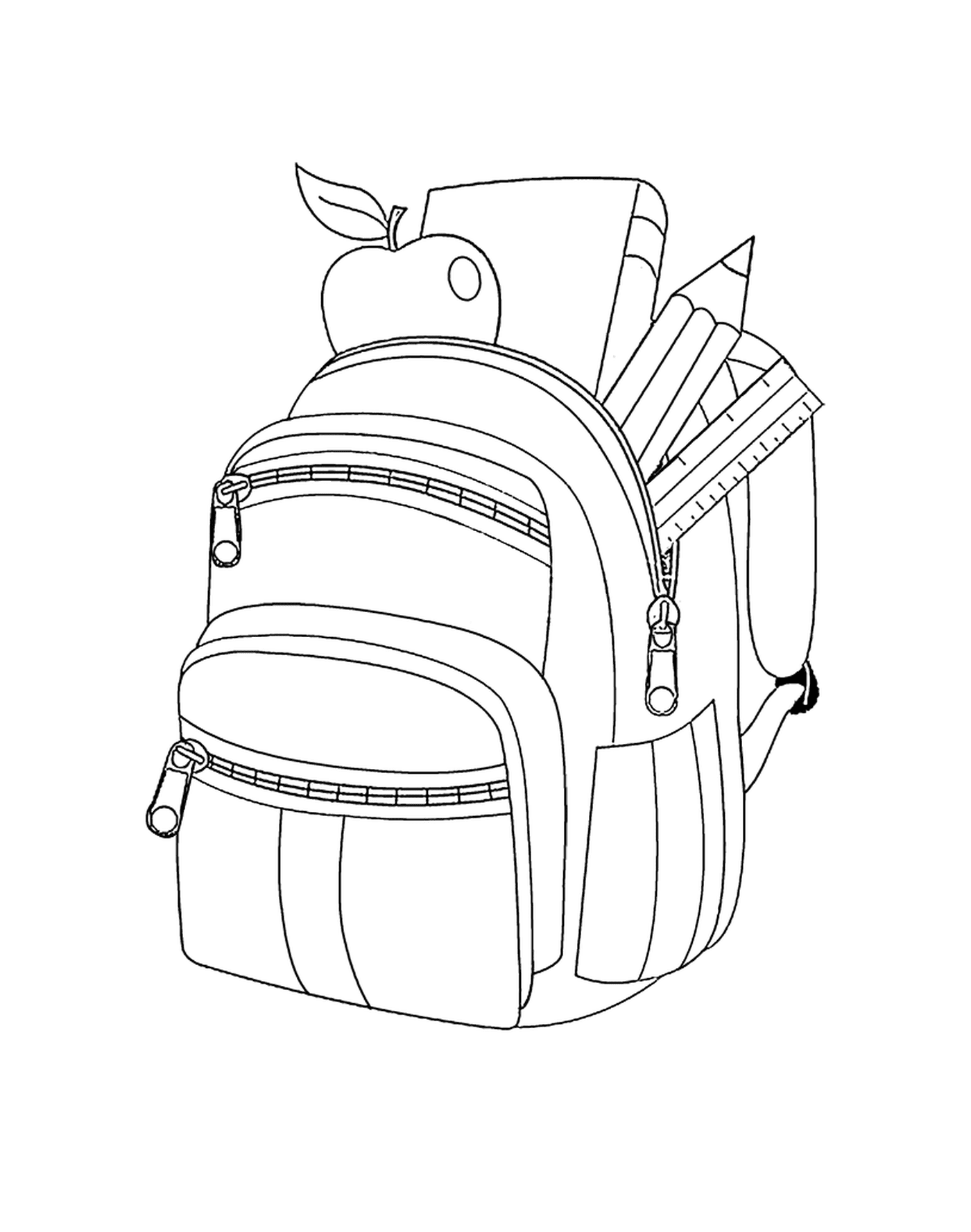   Un sac à dos avec des crayons et une pomme 