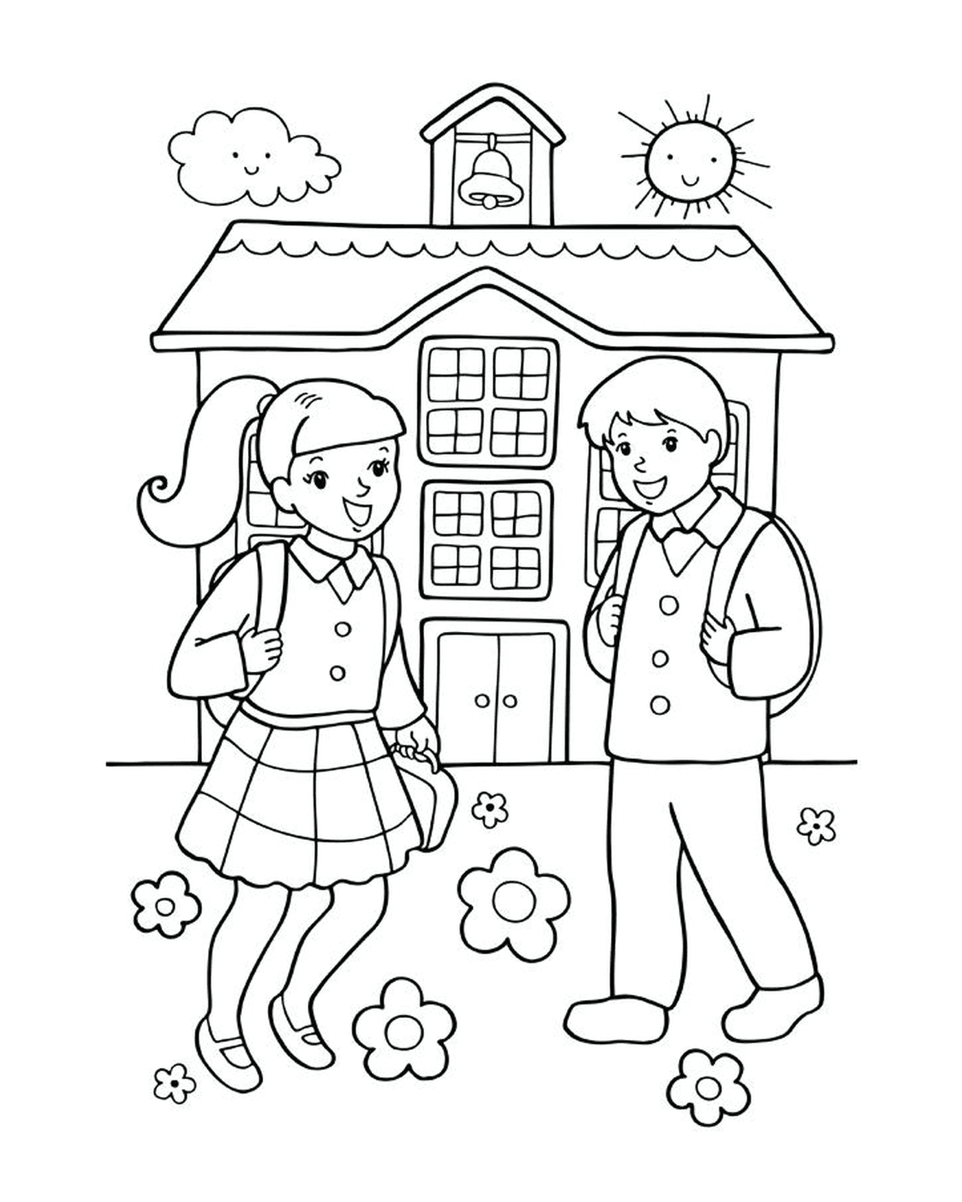   Une fille et un garçon de retour à l'école 