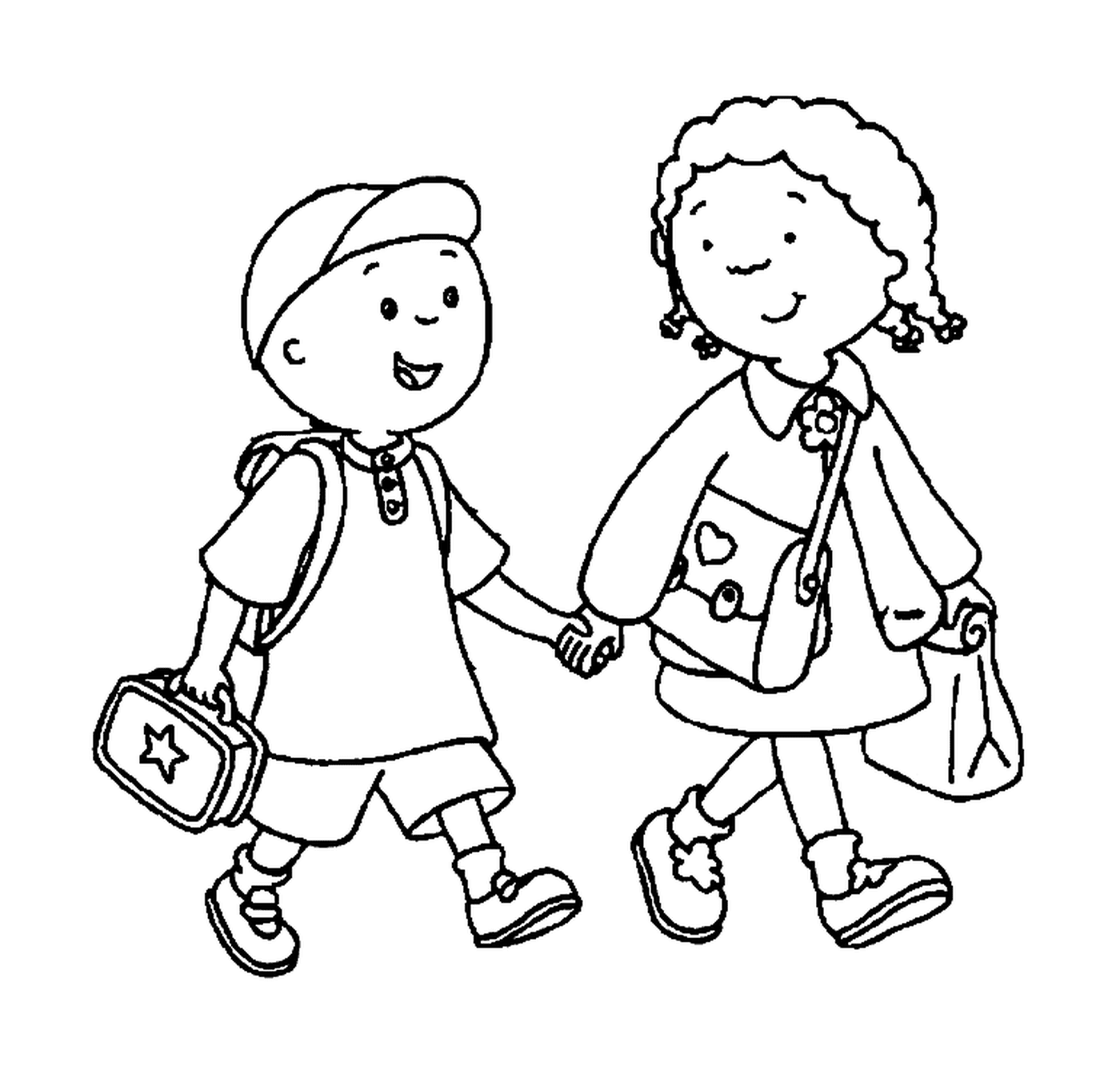   Un frère et une sœur se tenant la main pour aller à l'école 