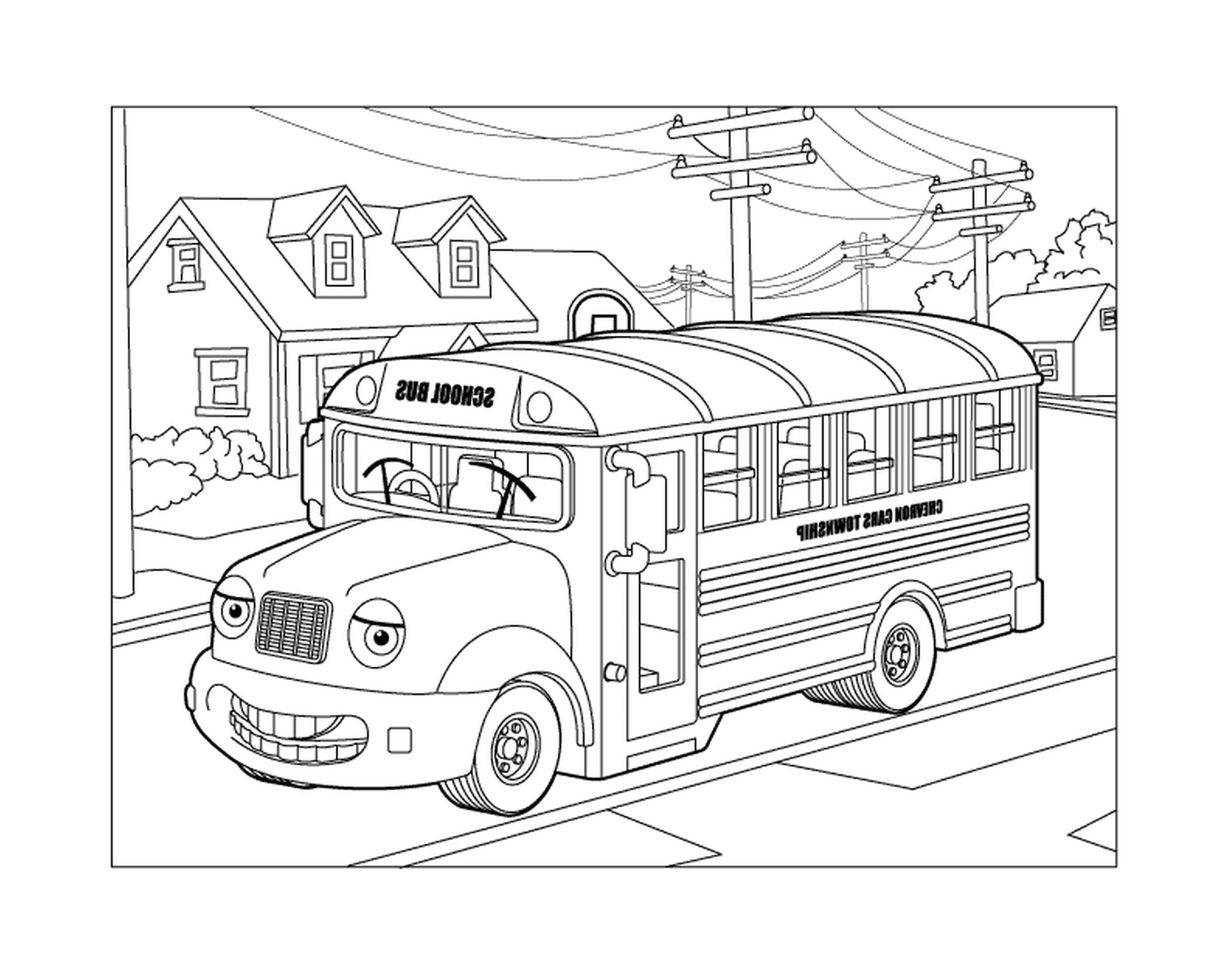   Un bus scolaire qui roule dans la rue 