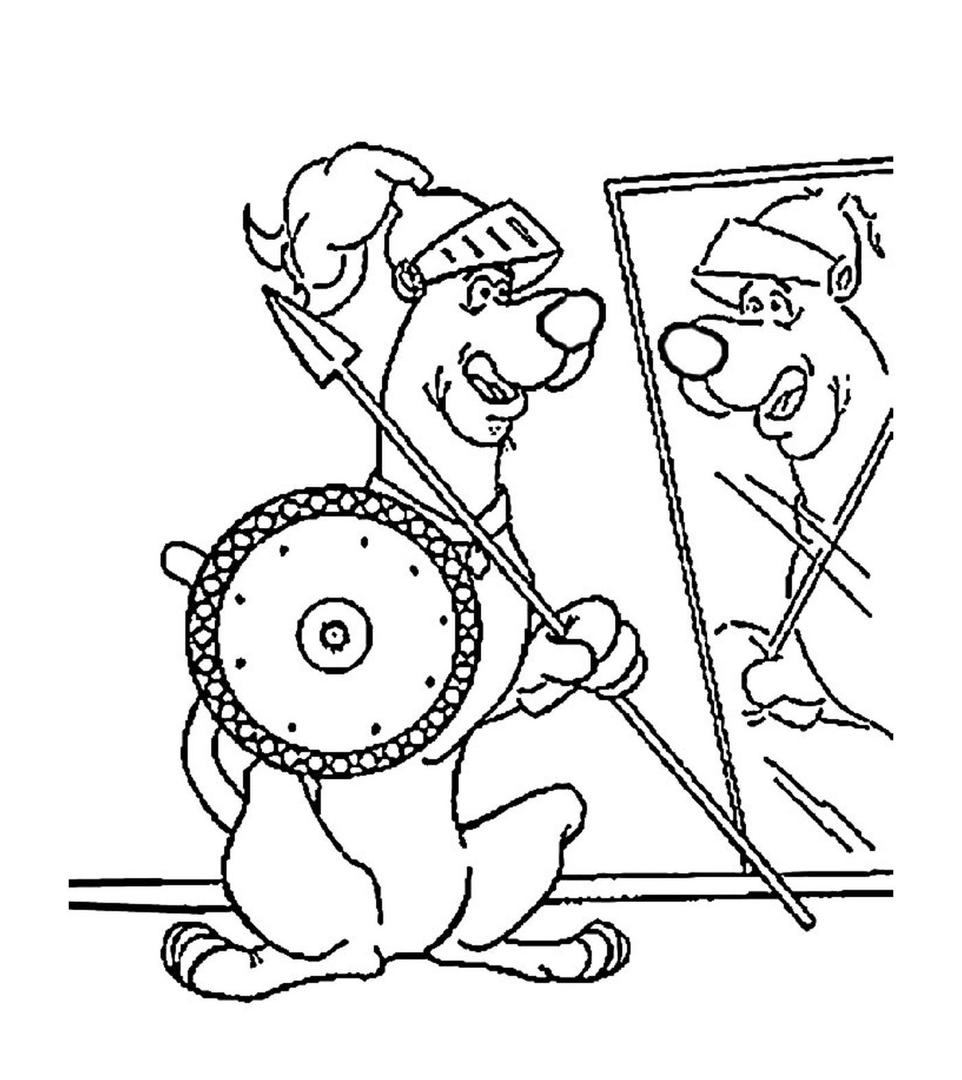   Un chien tient une lance et un miroir 
