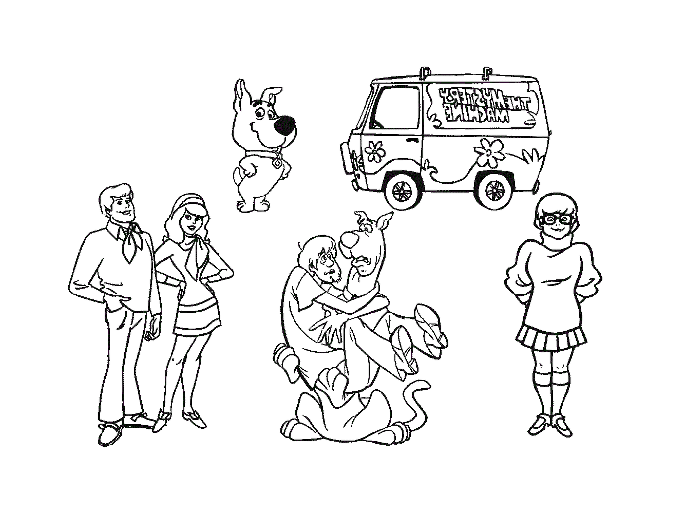   Un groupe de personnes et une camionnette Scooby-Doo 