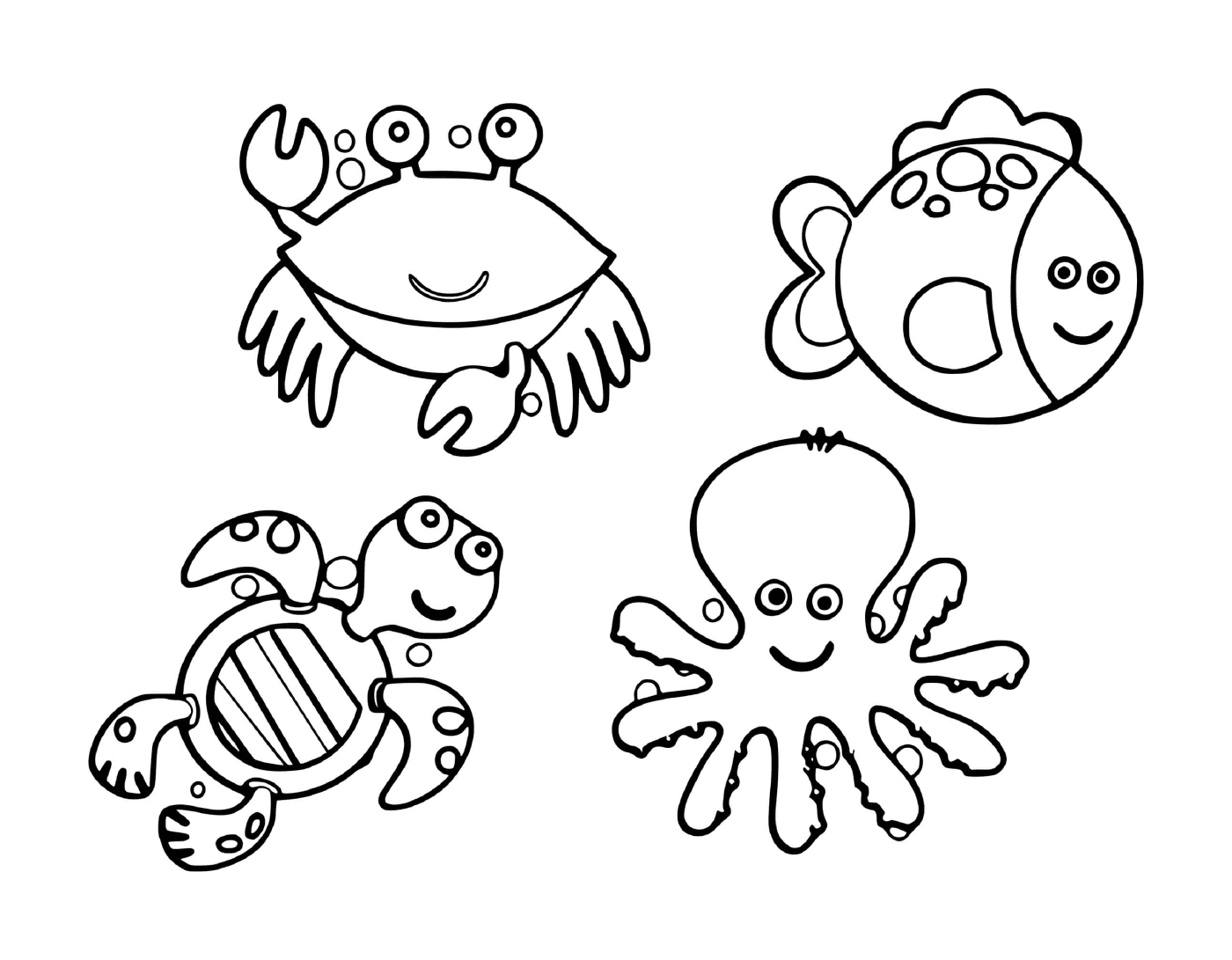   un groupe d'animaux marins dans l'eau, comprenant des poissons, des crabes, des tortues et des pieuvres 
