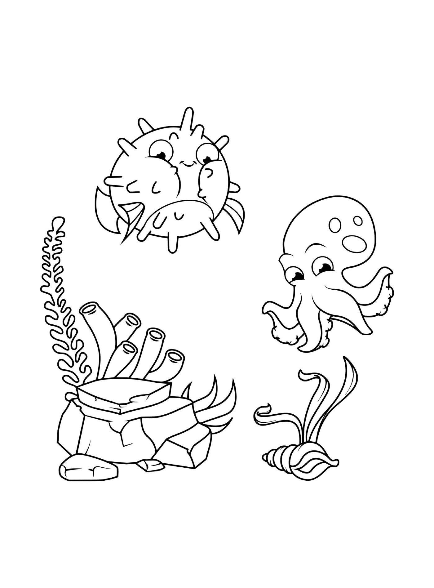   une pieuvre, un crabe, un poisson et des algues dessinés ensemble 