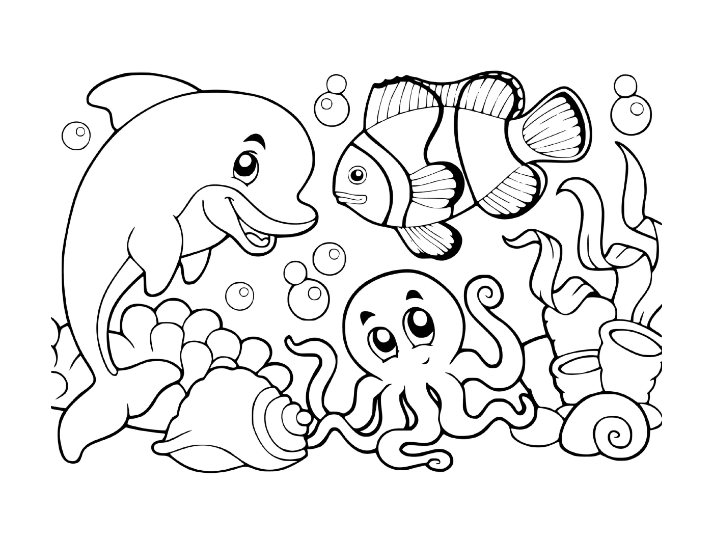   une scène sous-marine avec des poissons, des coquillages et une pieuvre 