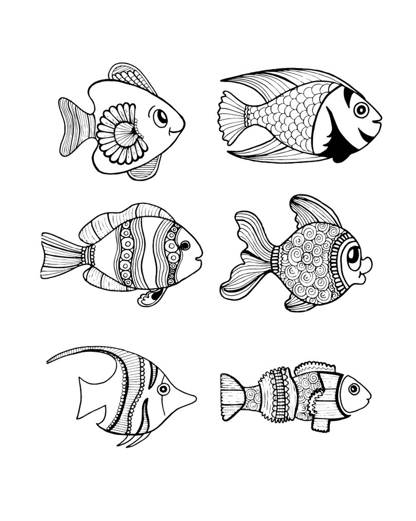   un ensemble de six dessins de poissons en noir et blanc 