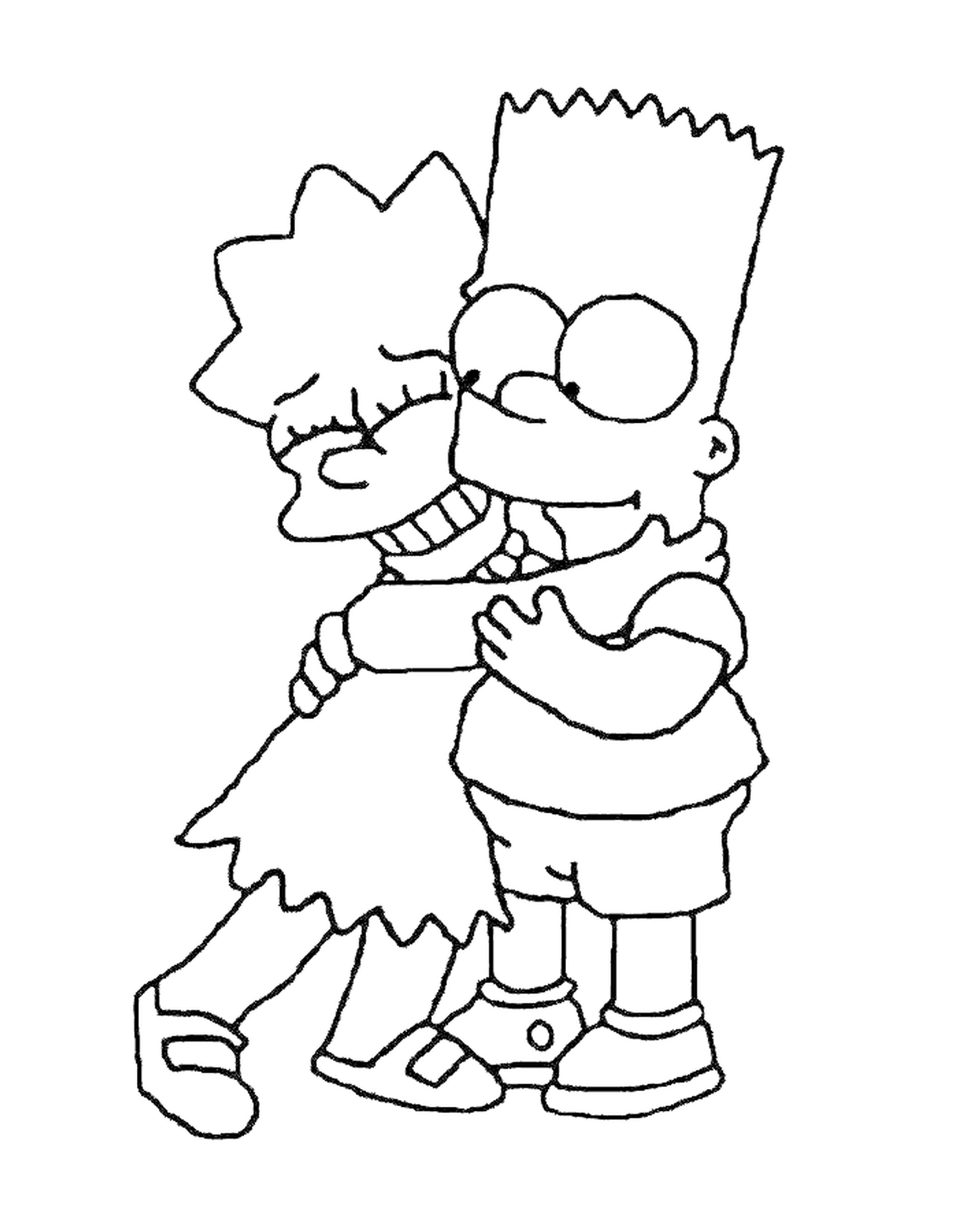   Bart et Lisa font un câlin, garçon qui serre une fille dans ses bras 