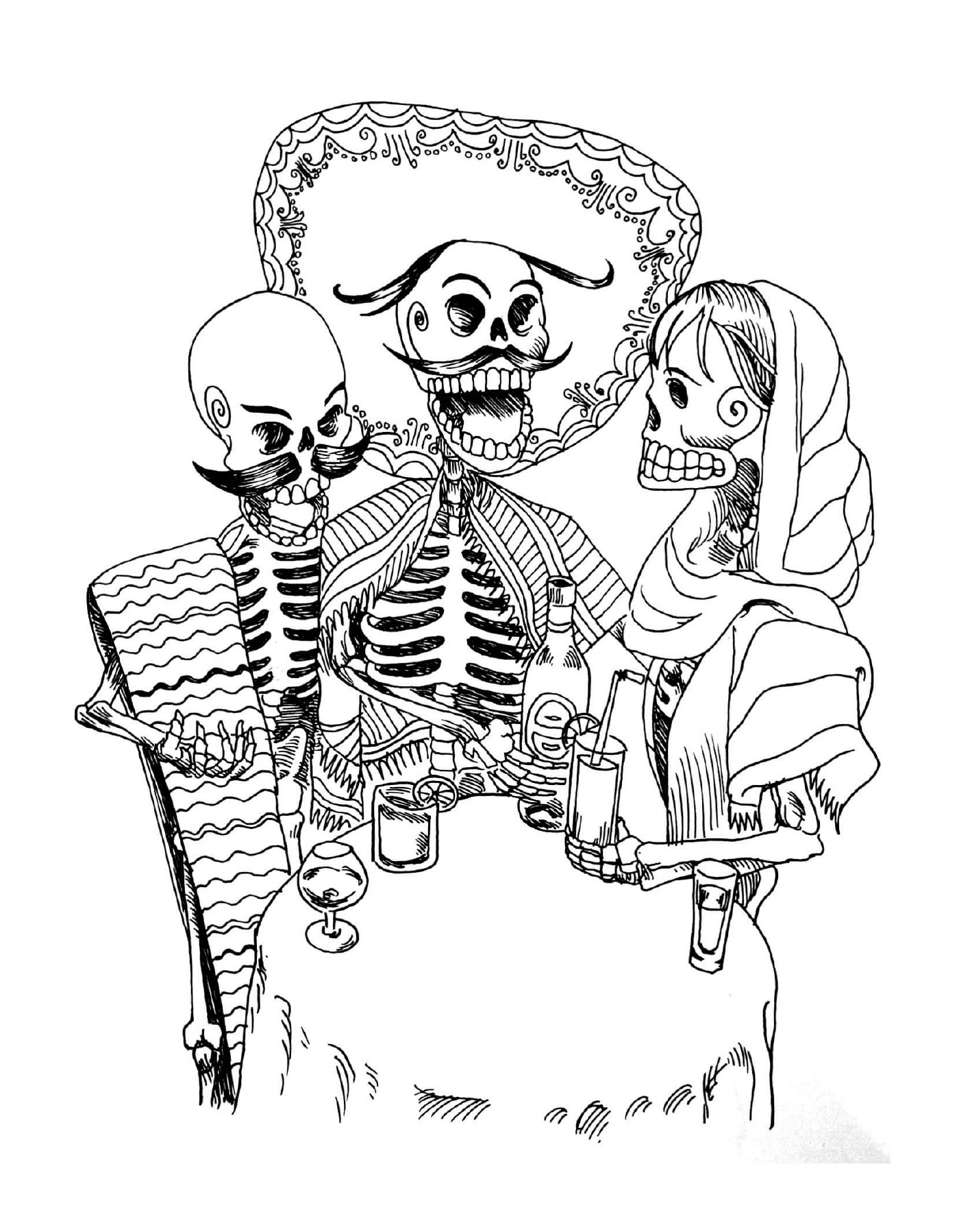   Halloween adulte, tatouage, squelettes, femme assise à une table 