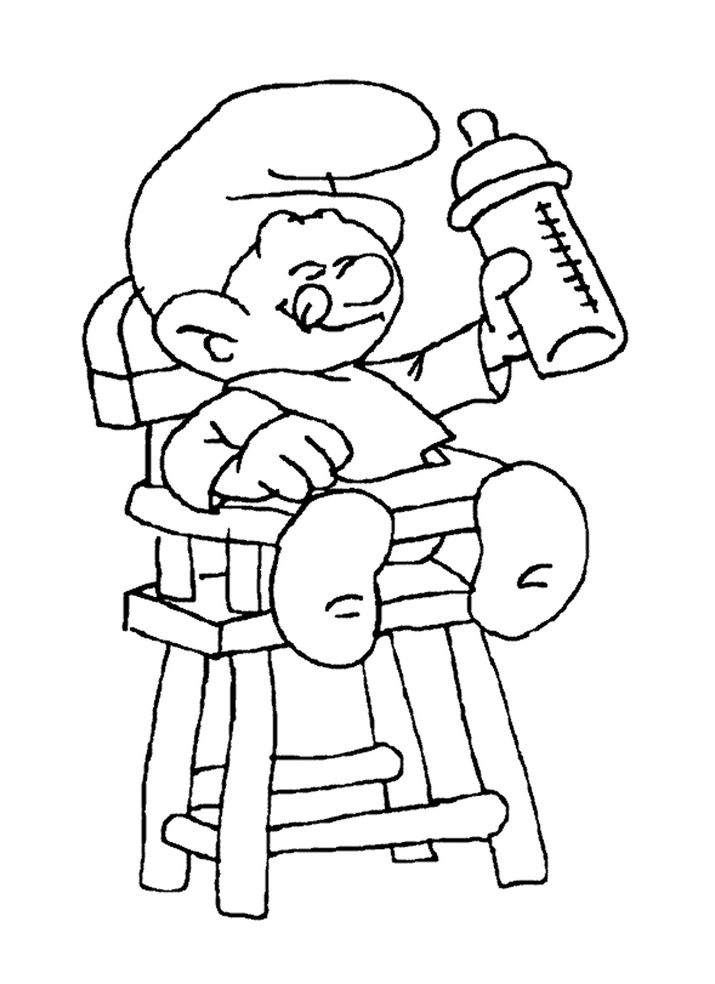   Un bébé Schtroumpf dans une chaise haute 