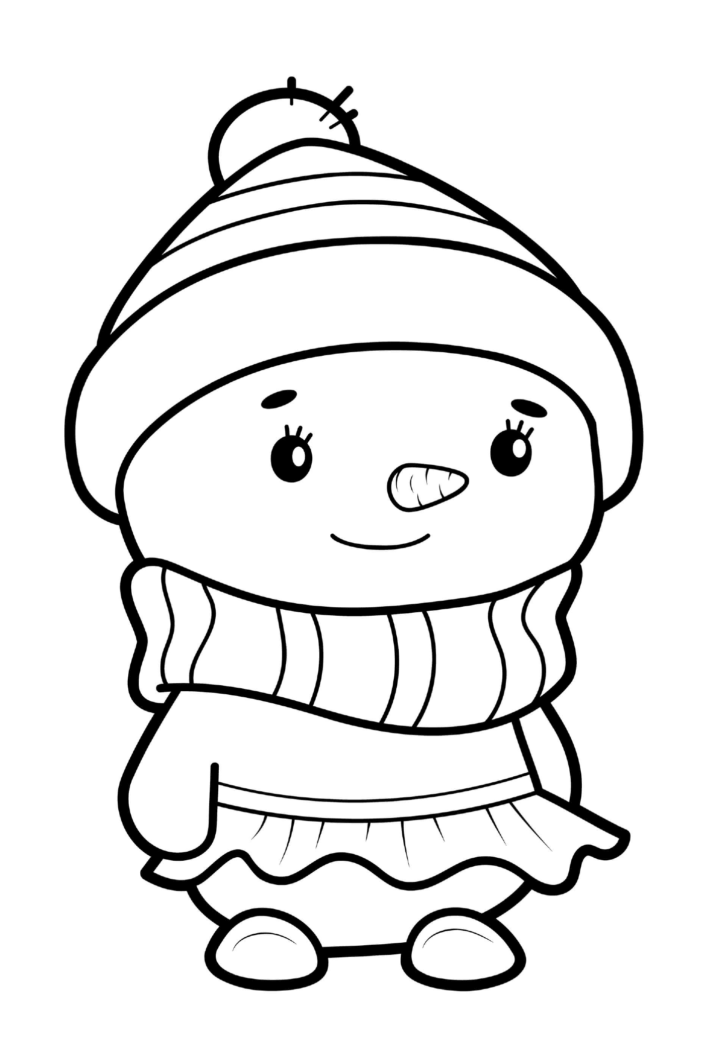   Un bonhomme de neige habillé en fille avec une robe et un chapeau 