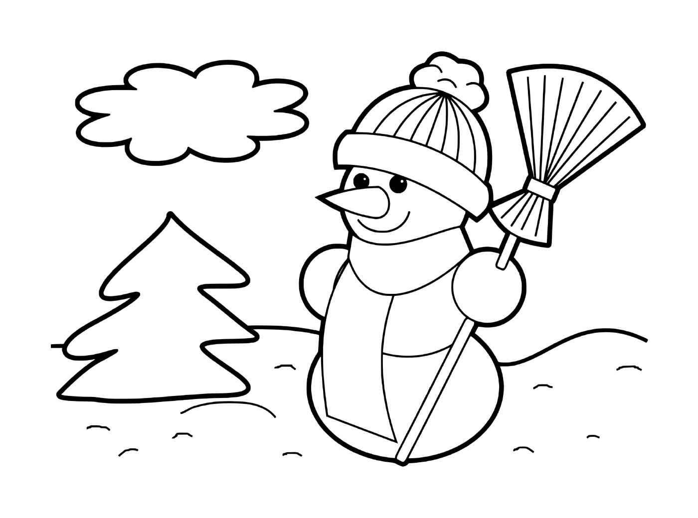   Un bonhomme de neige souriant en hiver avec un joli sapin 