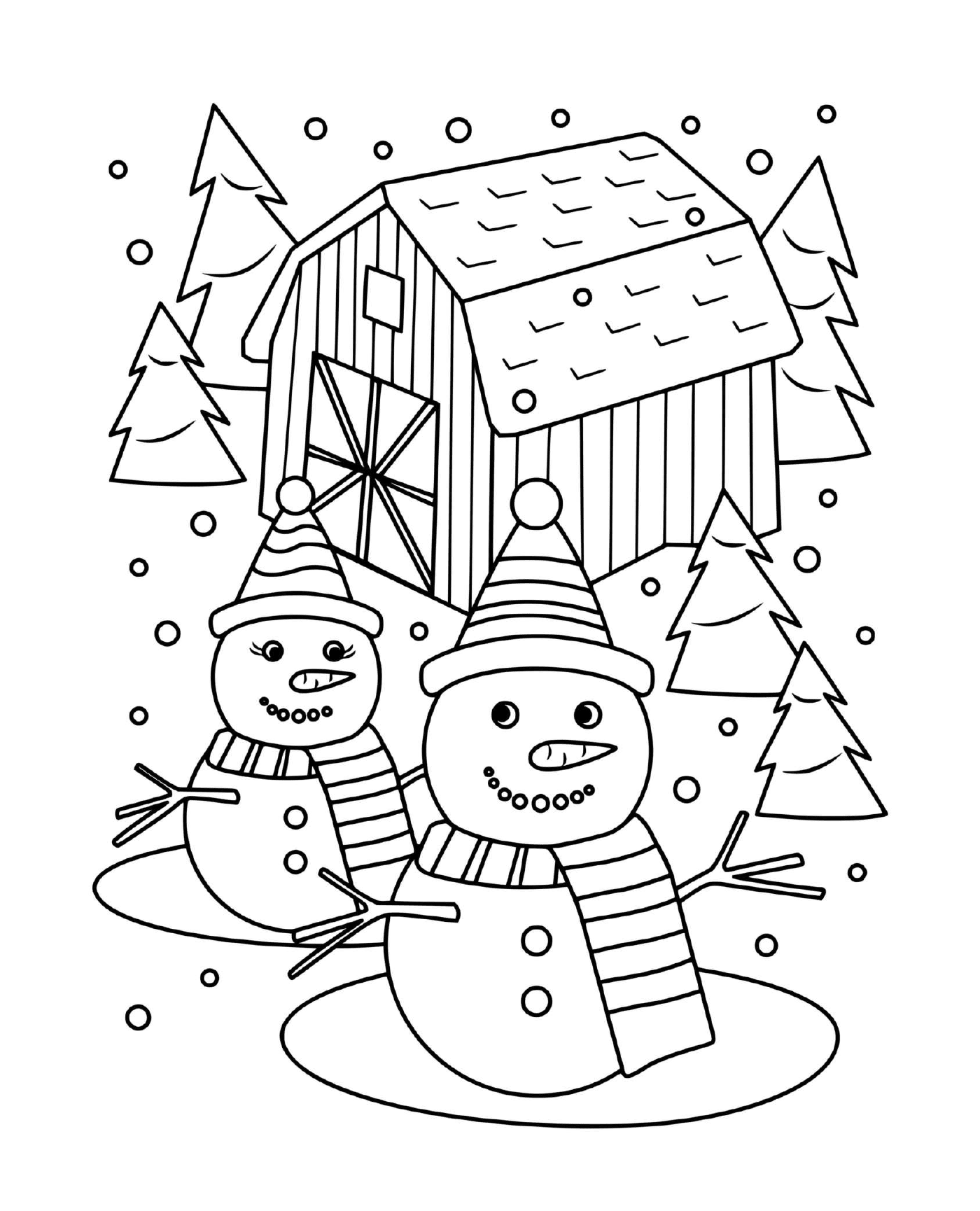   Un bonhomme de neige et une madame neige entourés de sapins 